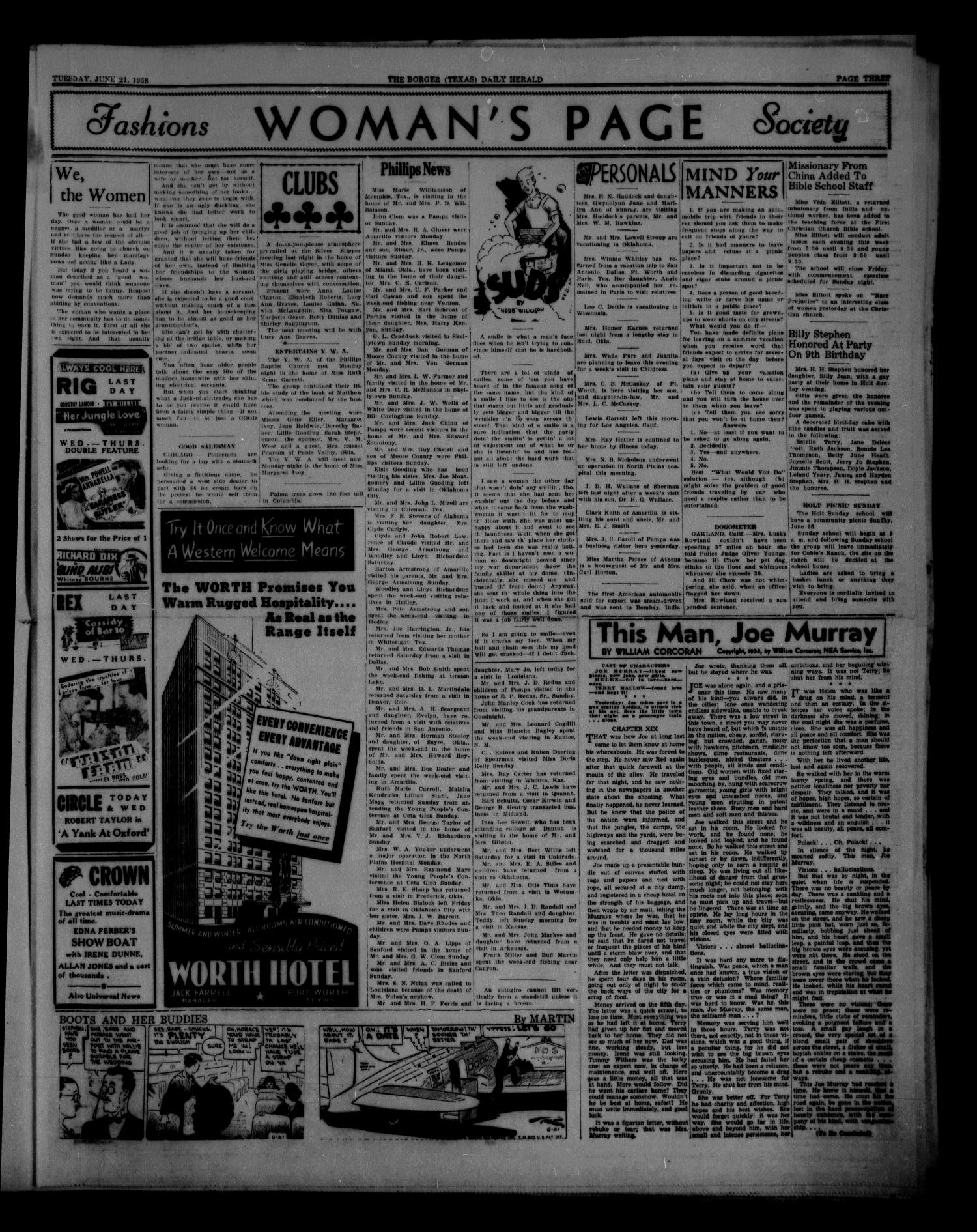 Borger Daily Herald (Borger, Tex.), Vol. 12, No. 183, Ed. 1 Tuesday, June 21, 1938
                                                
                                                    [Sequence #]: 3 of 6
                                                