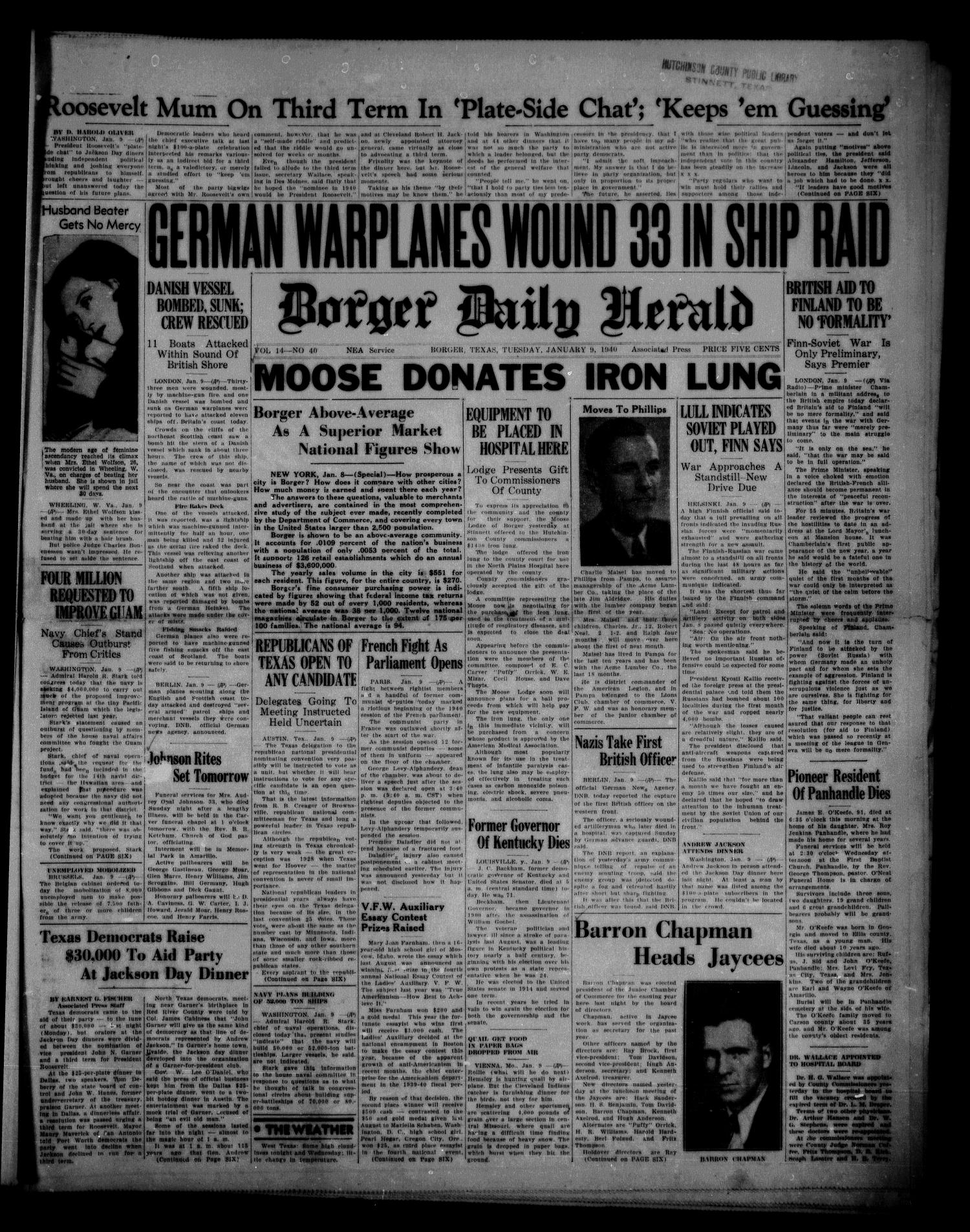 Borger Daily Herald (Borger, Tex.), Vol. 14, No. 40, Ed. 1 Tuesday, January 9, 1940
                                                
                                                    [Sequence #]: 1 of 6
                                                