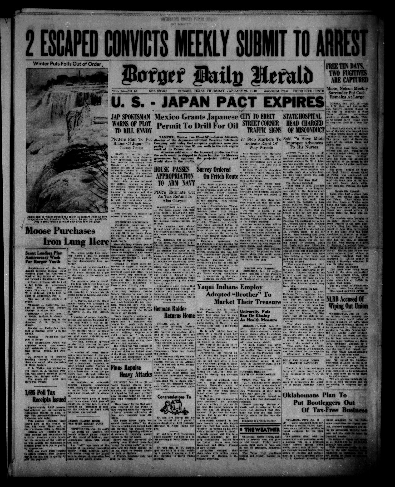 Borger Daily Herald (Borger, Tex.), Vol. 14, No. 54, Ed. 1 Thursday, January 25, 1940
                                                
                                                    [Sequence #]: 1 of 6
                                                