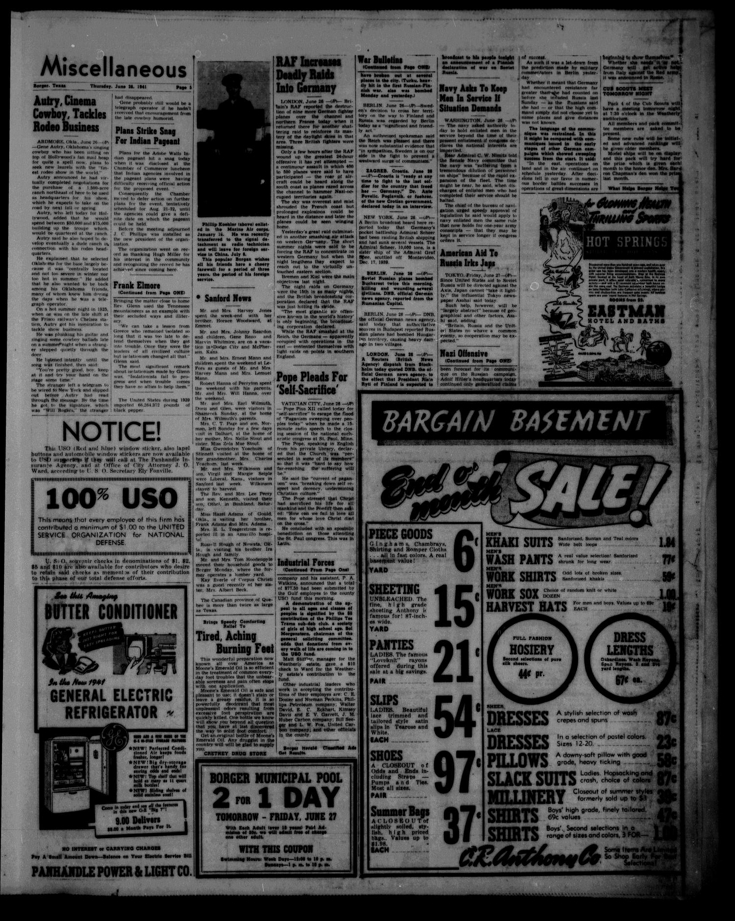 Borger Daily Herald (Borger, Tex.), Vol. 15, No. 185, Ed. 1 Thursday, June 26, 1941
                                                
                                                    [Sequence #]: 5 of 8
                                                