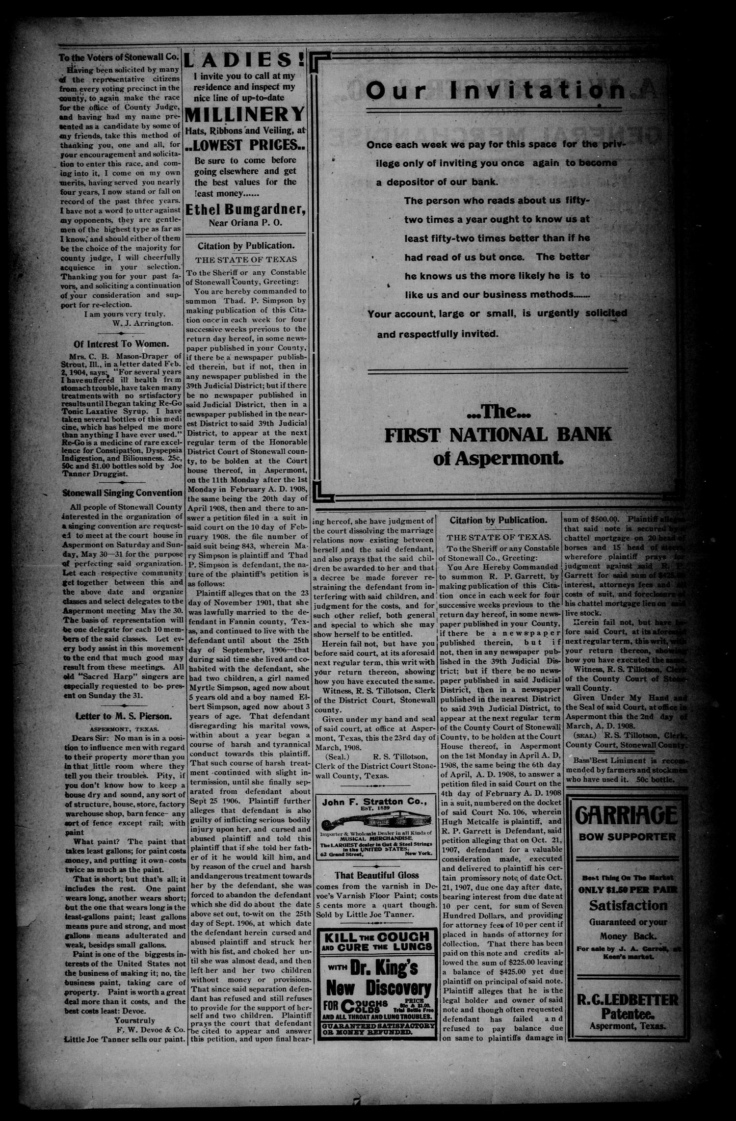 The Aspermont Star (Aspermont, Tex.), Vol. 10, No. 38, Ed. 1 Thursday, March 26, 1908
                                                
                                                    [Sequence #]: 8 of 8
                                                