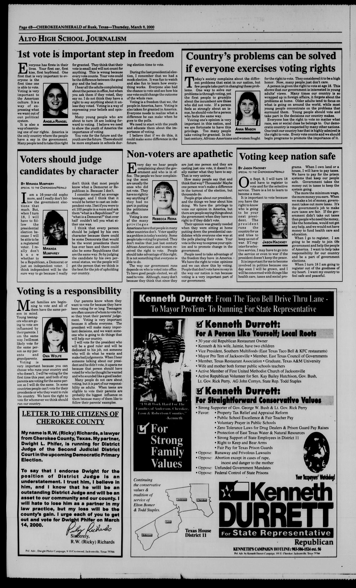Cherokeean/Herald (Rusk, Tex.), Vol. 151, No. 3, Ed. 1 Thursday, March 9, 2000
                                                
                                                    [Sequence #]: 18 of 23
                                                