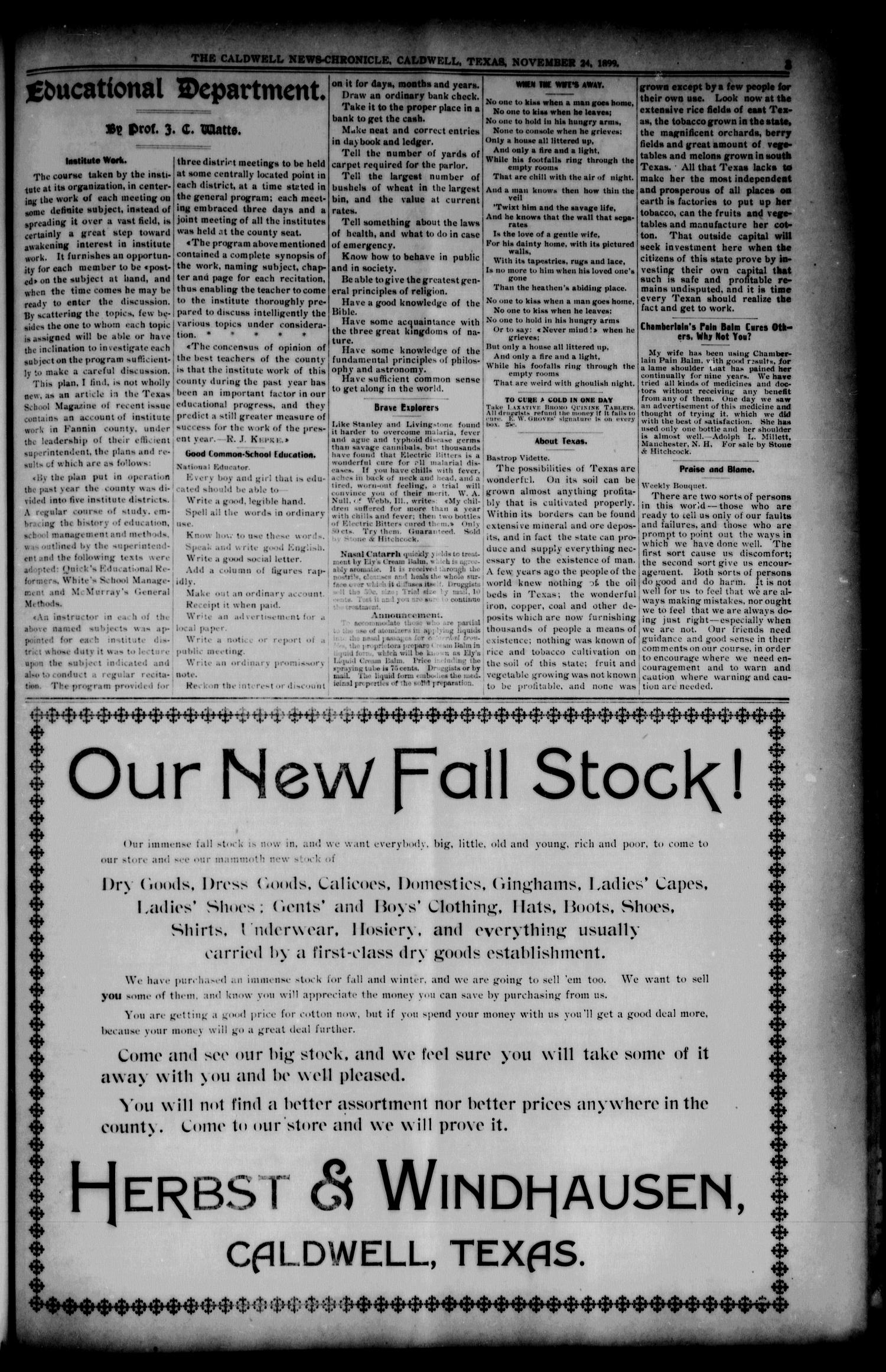 The Caldwell News-Chronicle (Caldwell, Tex.), Vol. 20, No. 27, Ed. 1 Friday, November 24, 1899
                                                
                                                    [Sequence #]: 3 of 12
                                                