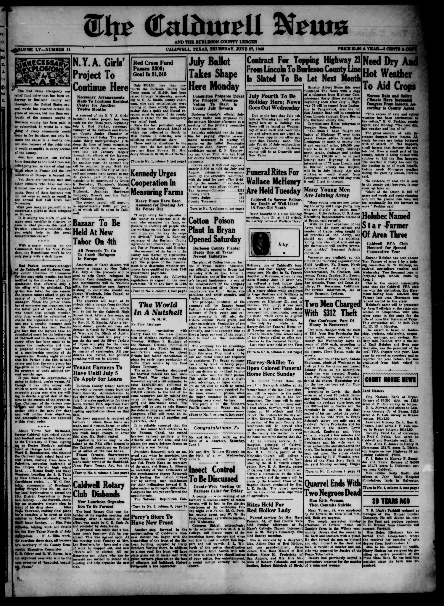 The Caldwell News and The Burleson County Ledger (Caldwell, Tex.), Vol. 55, No. 11, Ed. 1 Thursday, June 27, 1940
                                                
                                                    [Sequence #]: 1 of 6
                                                