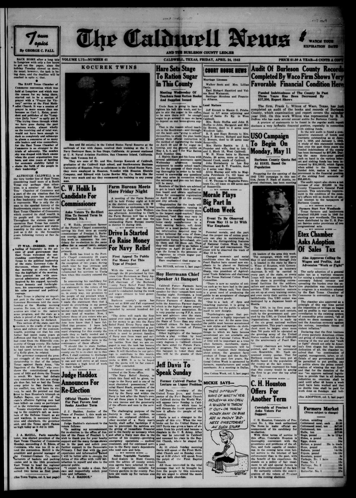 The Caldwell News and The Burleson County Ledger (Caldwell, Tex.), Vol. 56, No. 41, Ed. 1 Friday, April 24, 1942
                                                
                                                    [Sequence #]: 1 of 6
                                                
