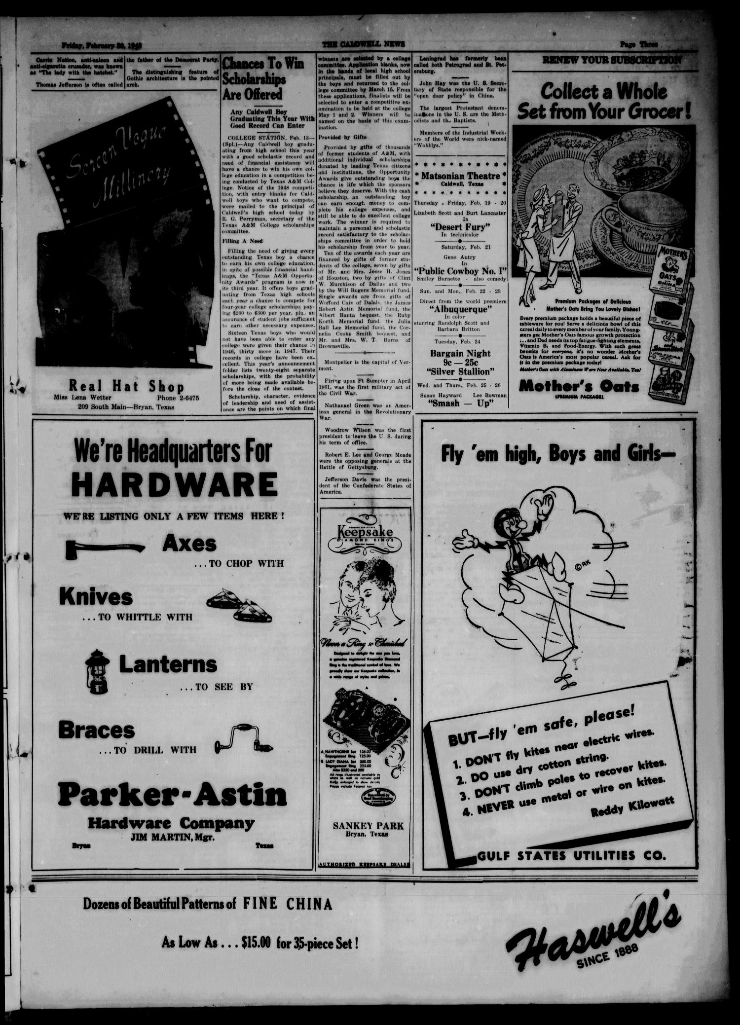 The Caldwell News and The Burleson County Ledger (Caldwell, Tex.), Vol. 61, No. 30, Ed. 1 Friday, February 20, 1948
                                                
                                                    [Sequence #]: 3 of 8
                                                
