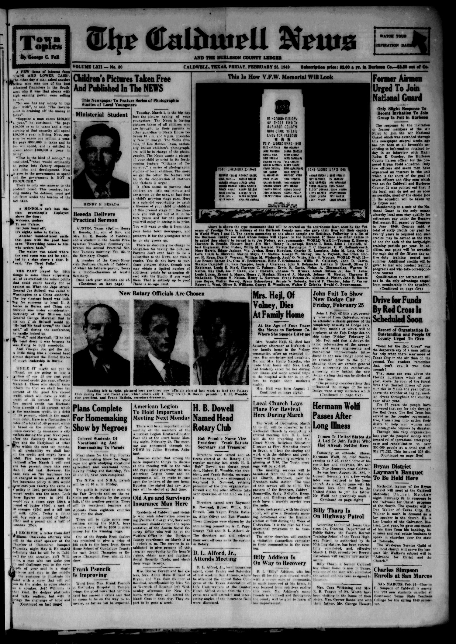 The Caldwell News and The Burleson County Ledger (Caldwell, Tex.), Vol. 62, No. 30, Ed. 1 Friday, February 25, 1949
                                                
                                                    [Sequence #]: 1 of 8
                                                