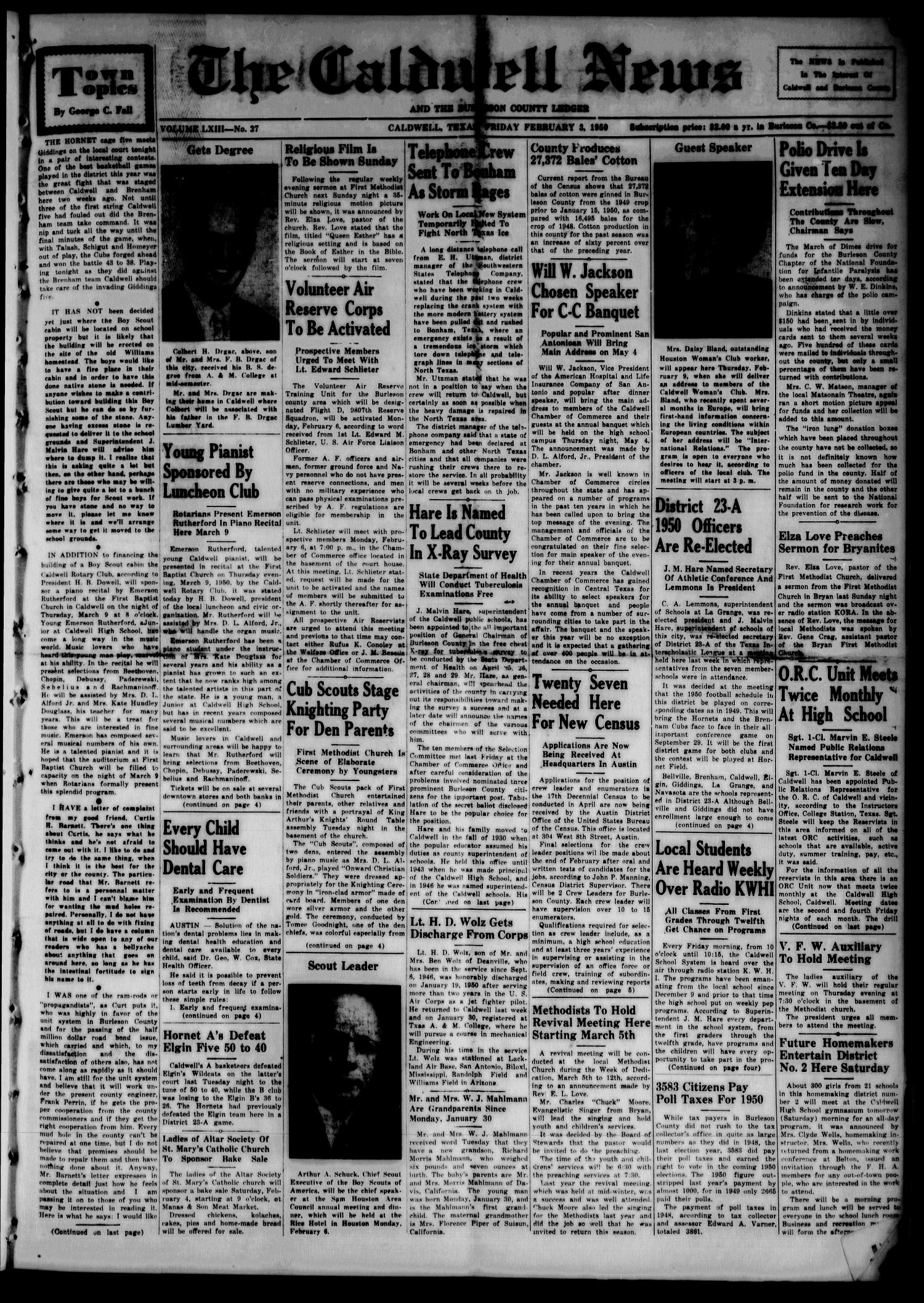 The Caldwell News and The Burleson County Ledger (Caldwell, Tex.), Vol. 63, No. 27, Ed. 1 Friday, February 3, 1950
                                                
                                                    [Sequence #]: 1 of 8
                                                