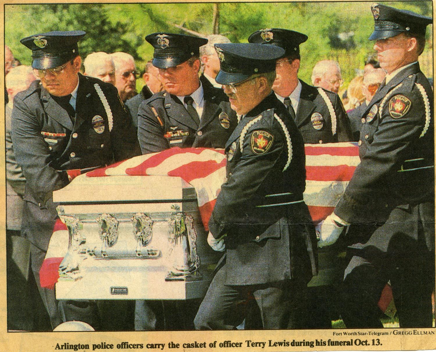 [Arlington Police Officer Terry Lewis's casket carried by the Honor Guard during his funeral, newspaper clipping, 1992]
                                                
                                                    [Sequence #]: 1 of 1
                                                