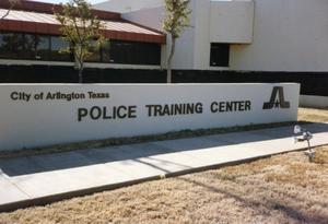 Primary view of object titled '[Police Training Center freestanding name sign, color]'.