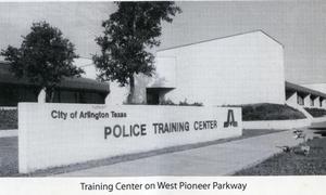 Primary view of object titled '[Police Training Center freestanding name sign, b&w]'.