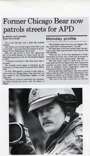 Primary view of object titled '[Arlington Police Officer Dick Hill newspaper article from the Arlington Daily News, 1975]'.