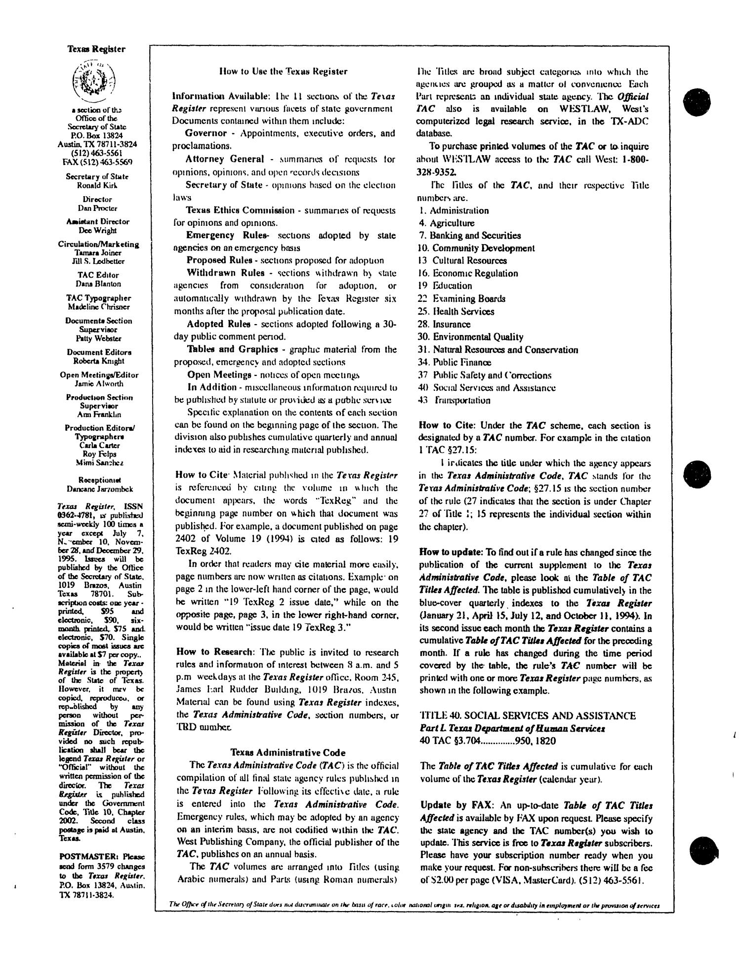 Texas Register, Volume 20, Number 1, Pages 1-46, January 3, 1995
                                                
                                                    None
                                                
