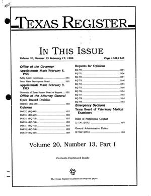 Primary view of object titled 'Texas Register, Volume 20, Number 13, Part I, Pages 1041-1146, February 17, 1995'.