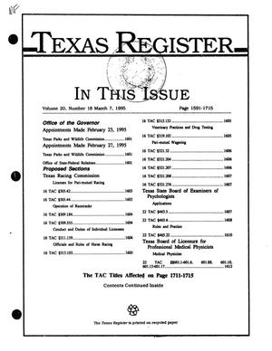 Primary view of object titled 'Texas Register, Volume 20, Number 18, Pages 1591-1715, March 7, 1995'.