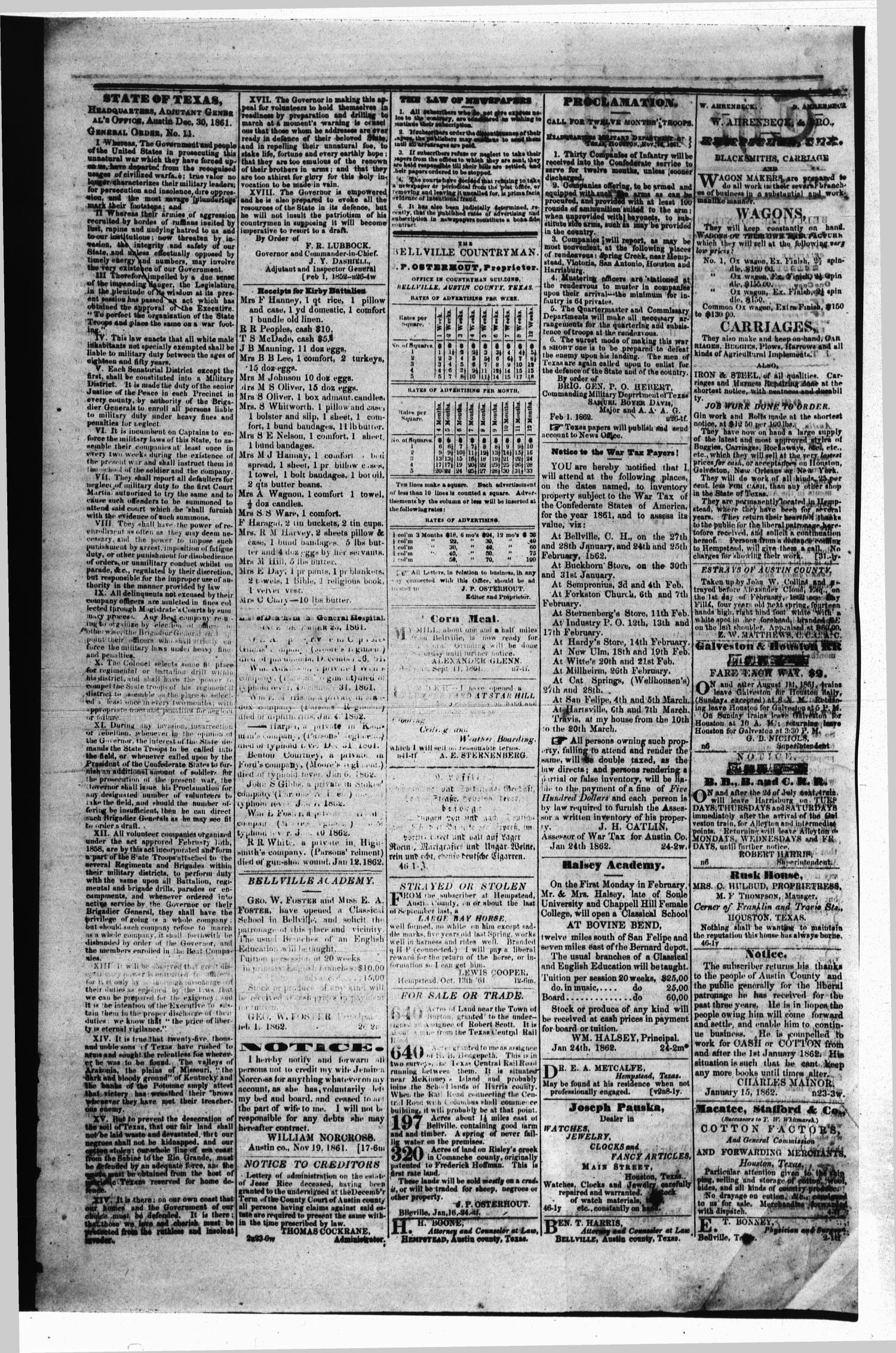 The Bellville Countryman (Bellville, Tex.), Vol. 2, No. 27, Ed. 1 Saturday, February 8, 1862
                                                
                                                    [Sequence #]: 2 of 2
                                                
