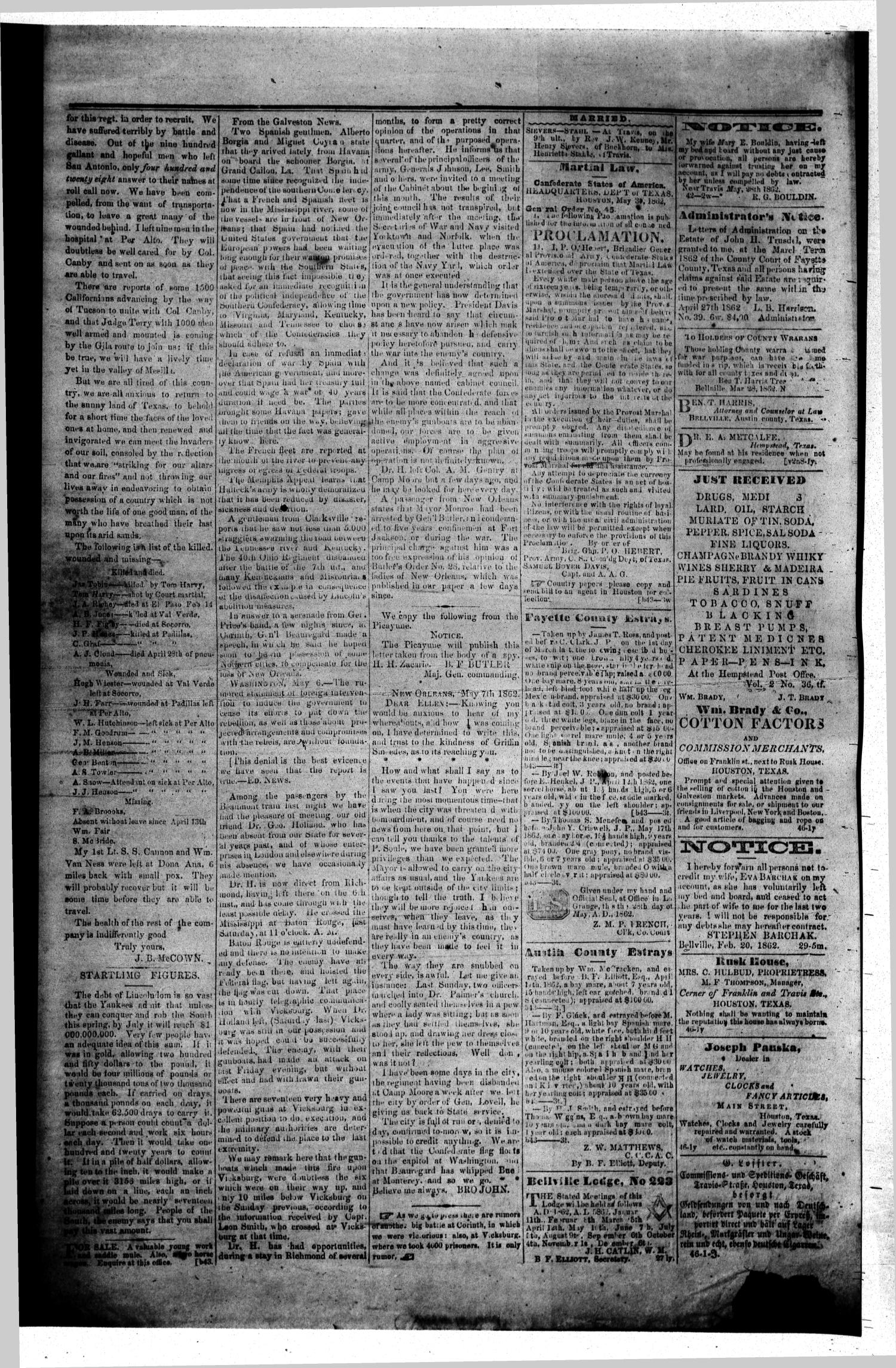The Bellville Countryman (Bellville, Tex.), Vol. 2, No. 43, Ed. 1 Saturday, June 7, 1862
                                                
                                                    [Sequence #]: 2 of 2
                                                