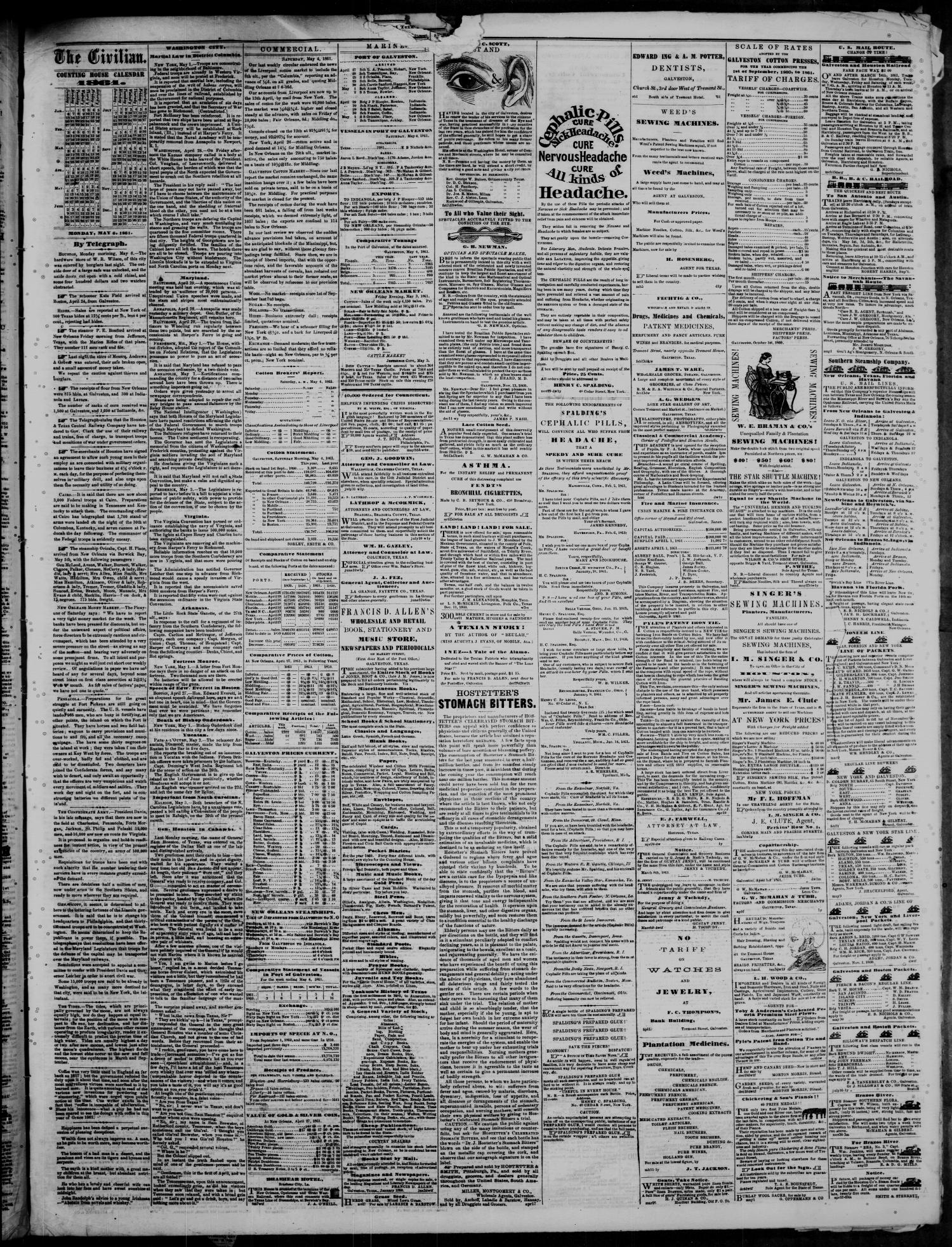 The Civilian and Gazette. Weekly. (Galveston, Tex.), Vol. 24, No. 5, Ed. 1 Tuesday, May 7, 1861
                                                
                                                    [Sequence #]: 3 of 4
                                                