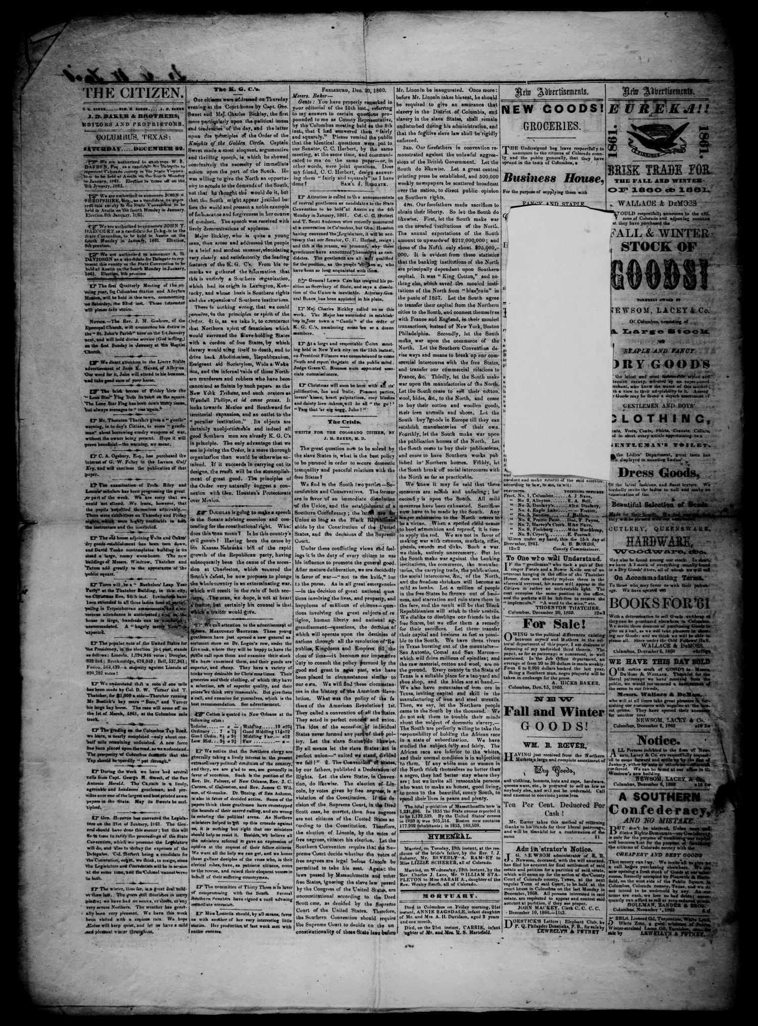 The Colorado Citizen (Columbus, Tex.), Vol. 4, No. 12, Ed. 1 Saturday, December 22, 1860
                                                
                                                    [Sequence #]: 2 of 4
                                                