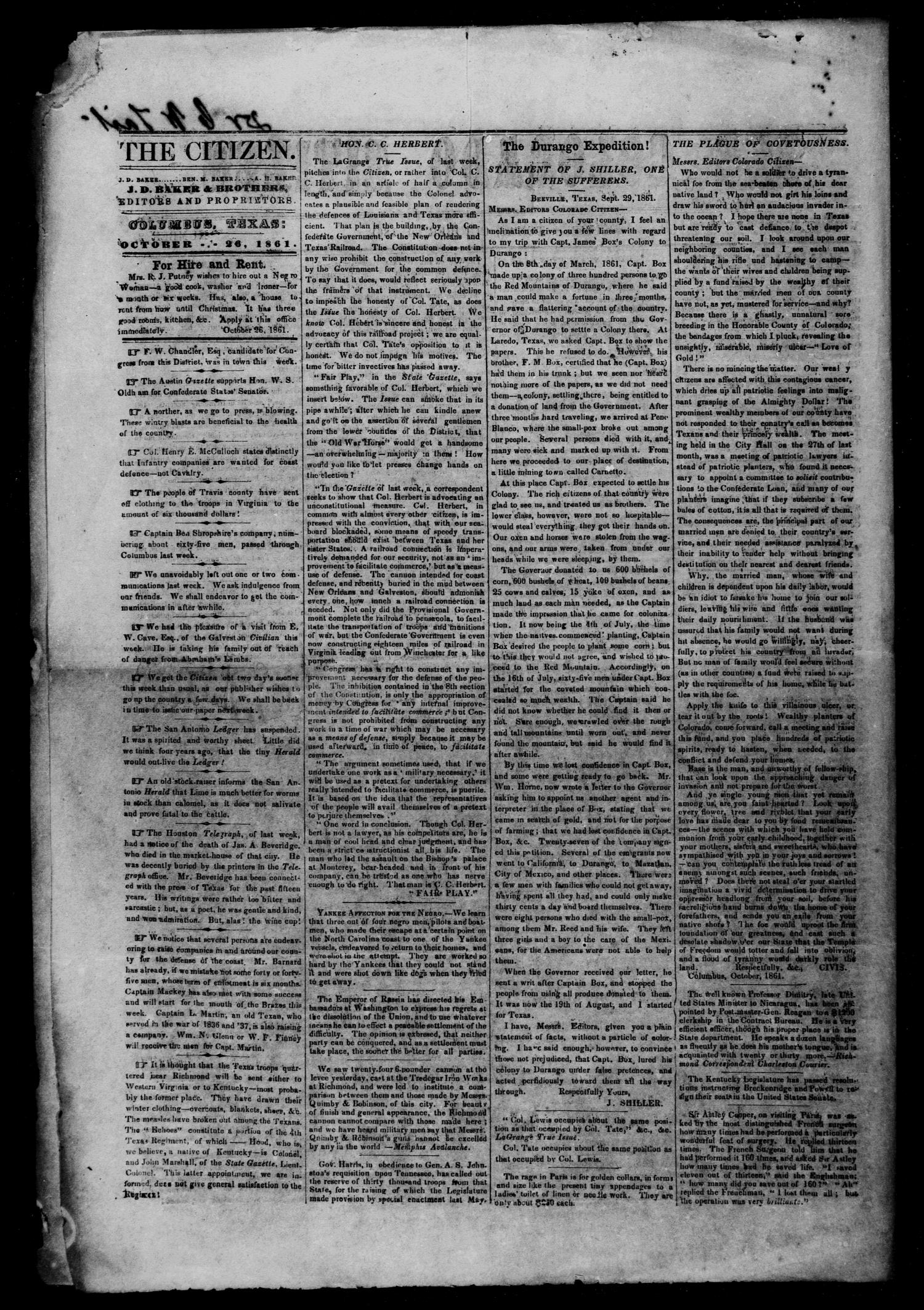 The Colorado Citizen (Columbus, Tex.), Vol. 5, No. 2, Ed. 1 Saturday, October 26, 1861
                                                
                                                    [Sequence #]: 2 of 4
                                                