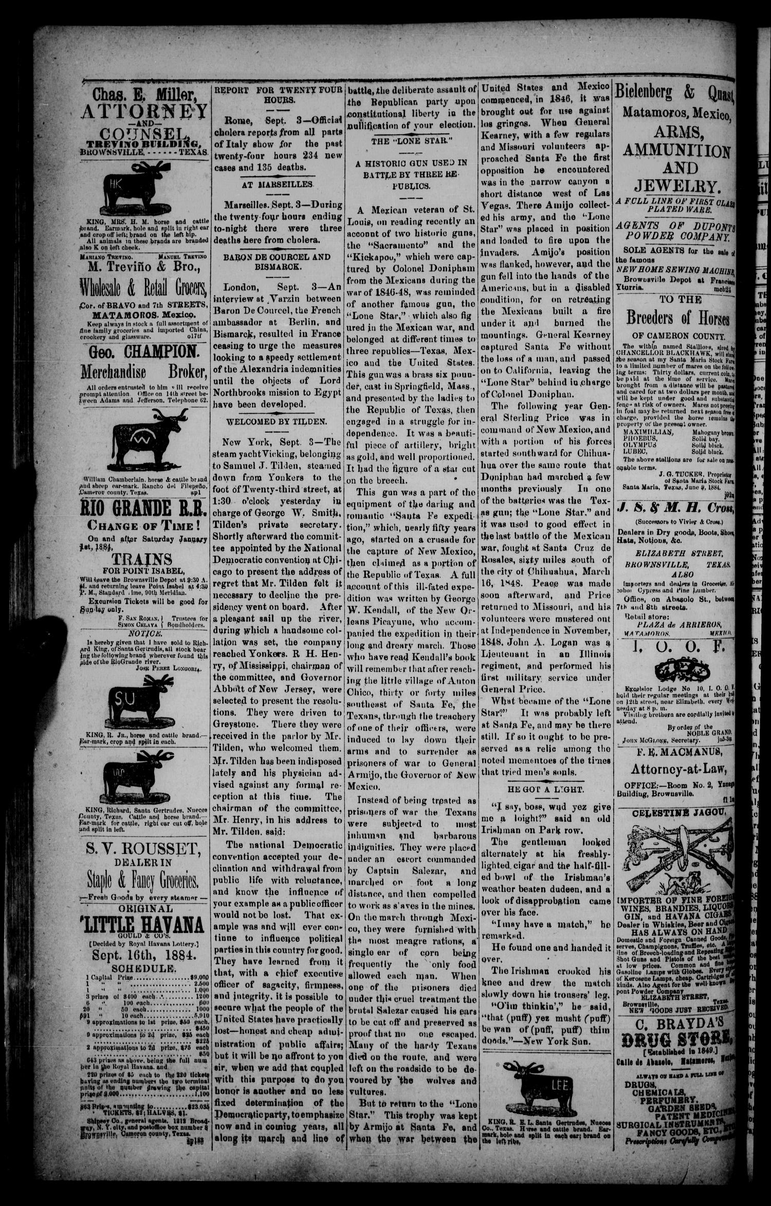 The Daily Cosmopolitan (Brownsville, Tex.), Vol. 6, No. 19, Ed. 1 Tuesday, September 9, 1884
                                                
                                                    [Sequence #]: 4 of 4
                                                