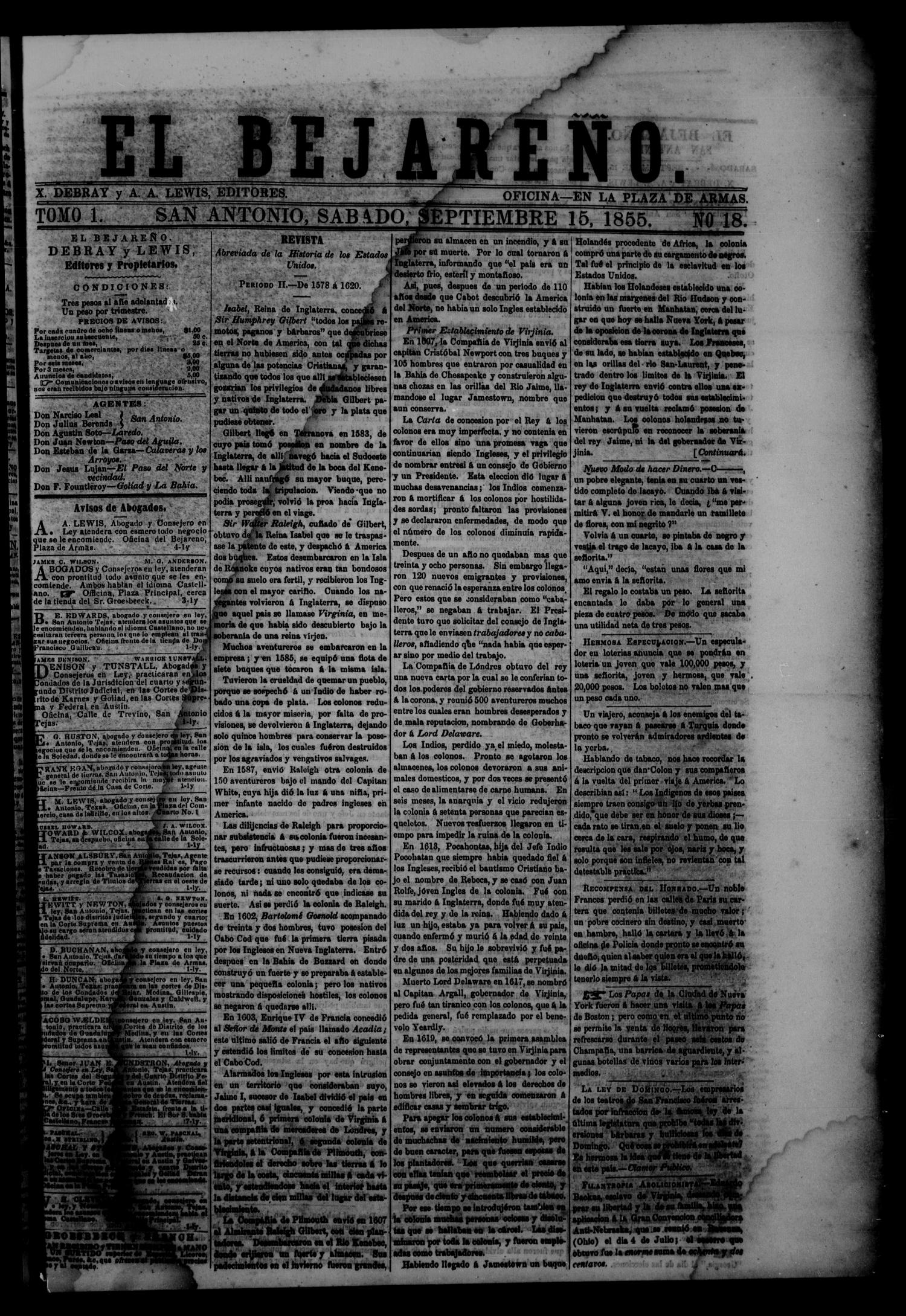 El Bejareño. (San Antonio, Tex.), Vol. 1, No. 18, Ed. 1 Saturday, September 15, 1855
                                                
                                                    [Sequence #]: 1 of 4
                                                