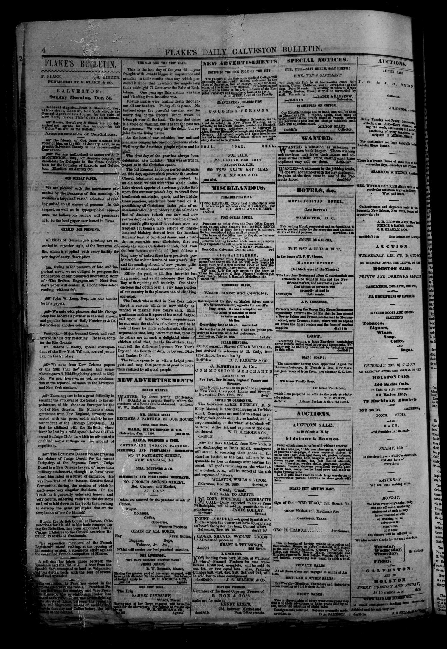 Flake's Daily Galveston Bulletin. (Galveston, Tex.), Vol. 1, No. 169, Ed. 1 Sunday, December 31, 1865
                                                
                                                    [Sequence #]: 4 of 8
                                                