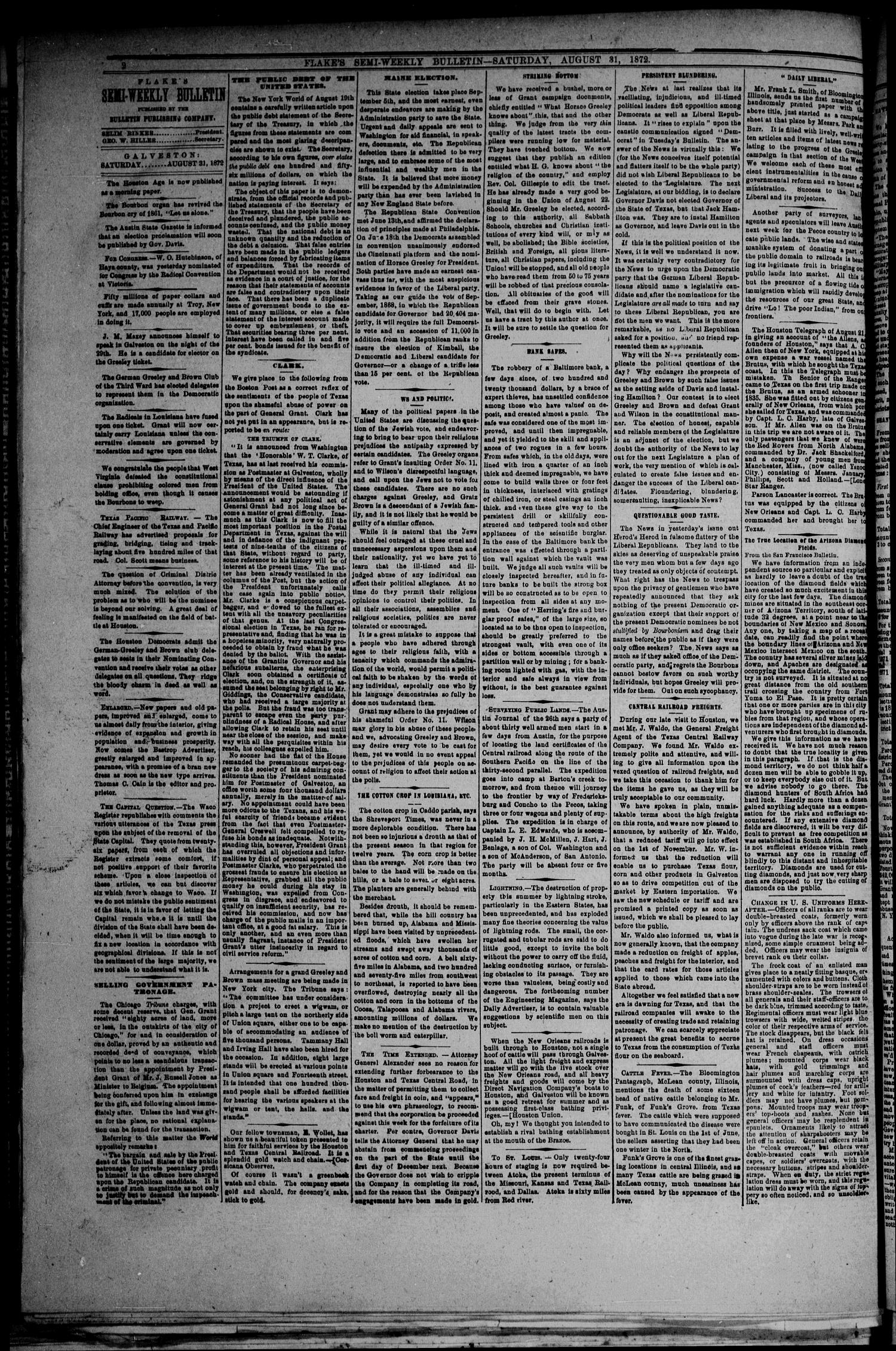 Flake's Semi-Weekly Galveston Bulletin. (Galveston, Tex.), Vol. 11, No. 50, Ed. 1 Saturday, August 31, 1872
                                                
                                                    [Sequence #]: 2 of 8
                                                