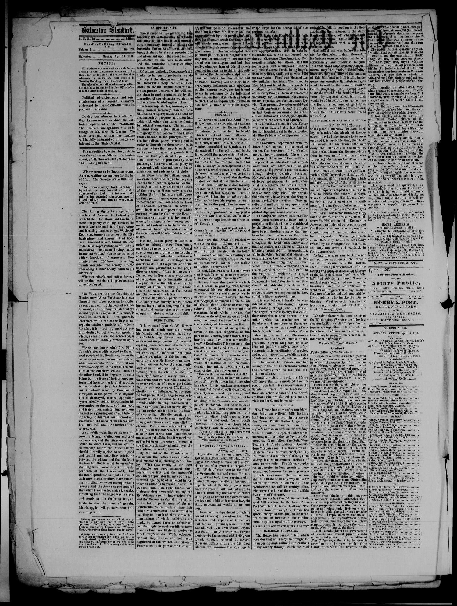 The Galveston Standard. (Galveston, Tex.), Vol. 2, No. 109, Ed. 1 Monday, April 14, 1873
                                                
                                                    [Sequence #]: 2 of 4
                                                