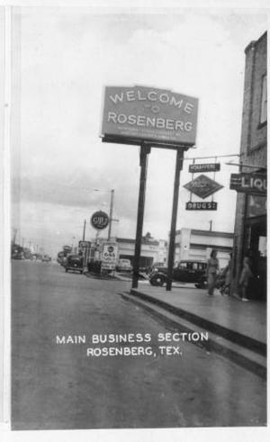 Primary view of object titled '["Welcome to Rosenberg" sign in downtown Rosenberg, TX]'.