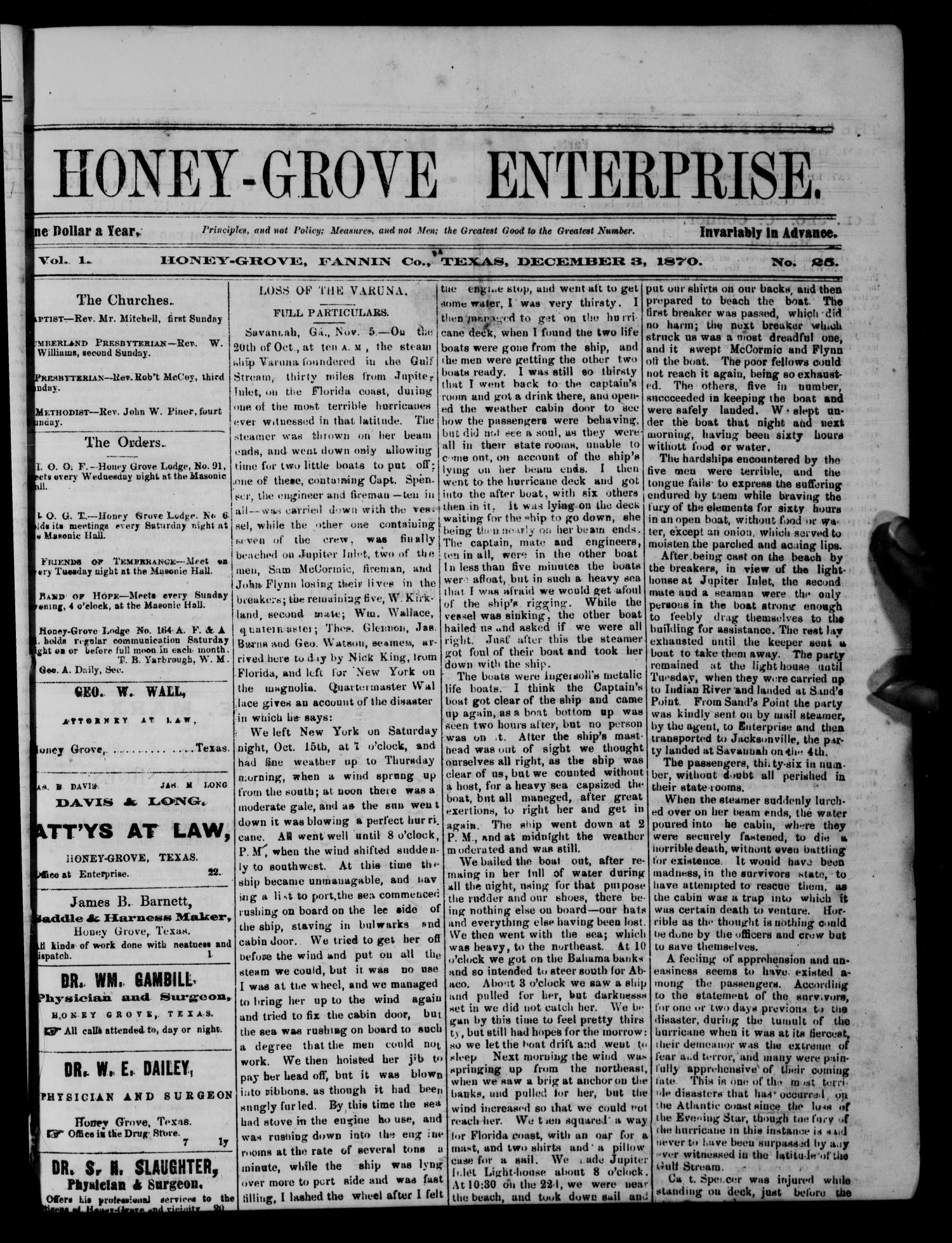 Honey-Grove Enterprise (Honey Grove, Tex.), Vol. 1, No. 25, Ed. 1 Saturday, December 3, 1870
                                                
                                                    [Sequence #]: 1 of 4
                                                