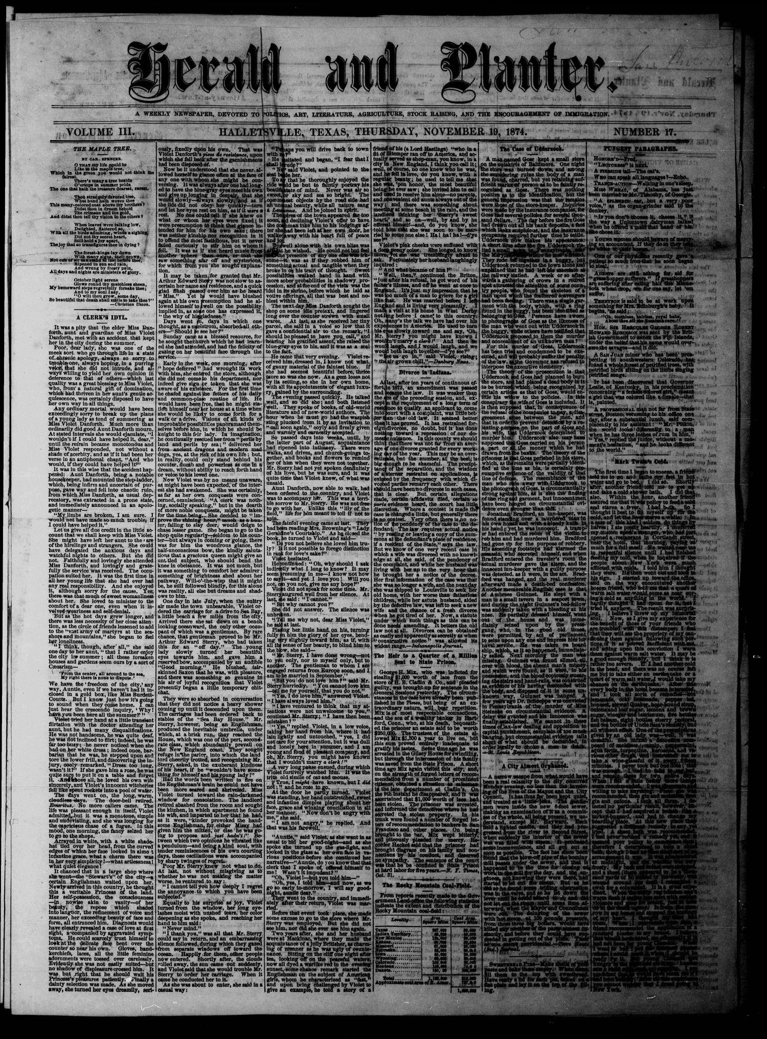 Herald and Planter (Hallettsville, Tex.), Vol. 3, No. 17, Ed. 1 Thursday, November 19, 1874
                                                
                                                    [Sequence #]: 1 of 4
                                                