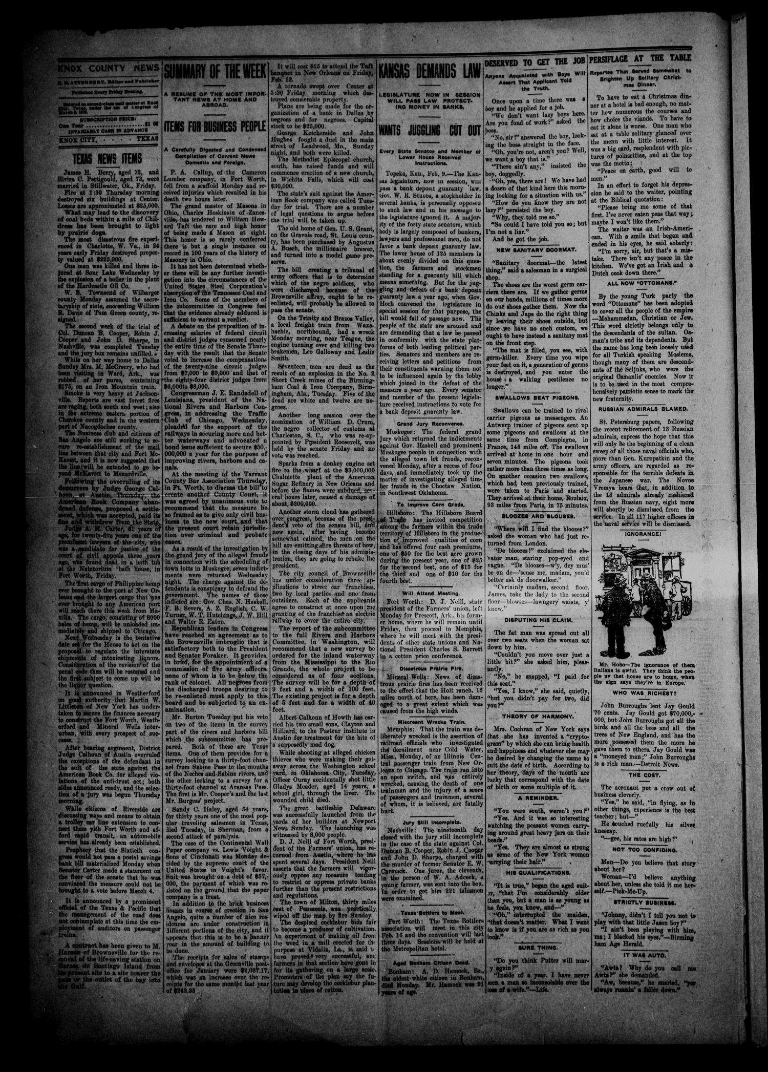 The Knox County News (Knox City, Tex.), Vol. 5, No. 4, Ed. 1 Friday, February 12, 1909
                                                
                                                    [Sequence #]: 2 of 8
                                                