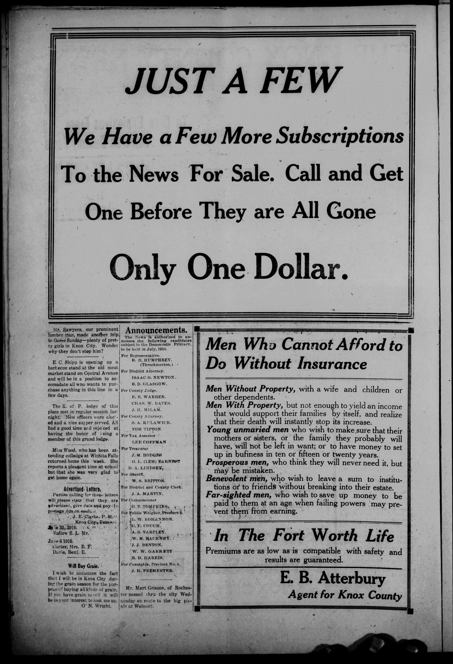 The Knox County News (Knox City, Tex.), Vol. 6, No. 19, Ed. 1 Friday, June 10, 1910
                                                
                                                    [Sequence #]: 2 of 8
                                                