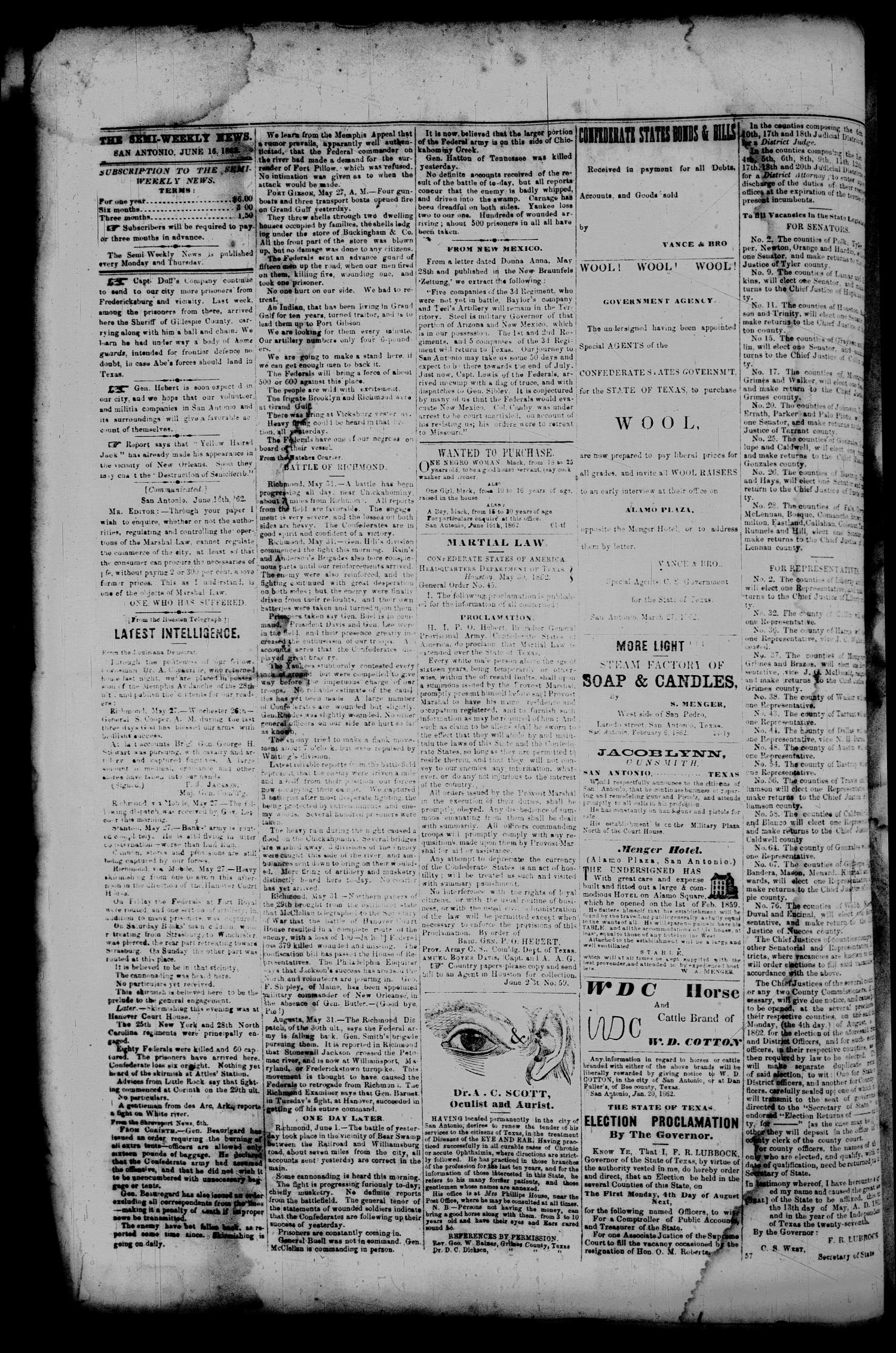 The Semi-Weekly News. (San Antonio, Tex.), Vol. 1, No. 61, Ed. 1 Monday, June 16, 1862
                                                
                                                    [Sequence #]: 2 of 2
                                                