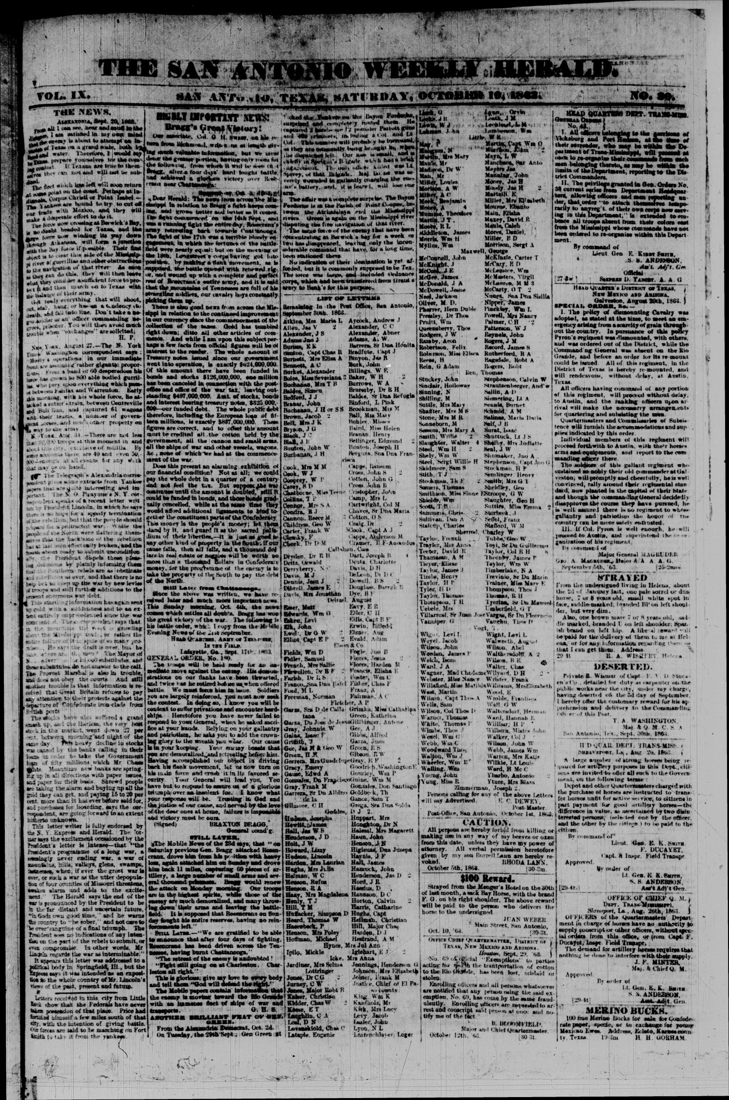 The San Antonio Weekly Herald. (San Antonio, Tex.), Vol. 9, No. 30, Ed. 1 Saturday, October 10, 1863
                                                
                                                    [Sequence #]: 1 of 2
                                                