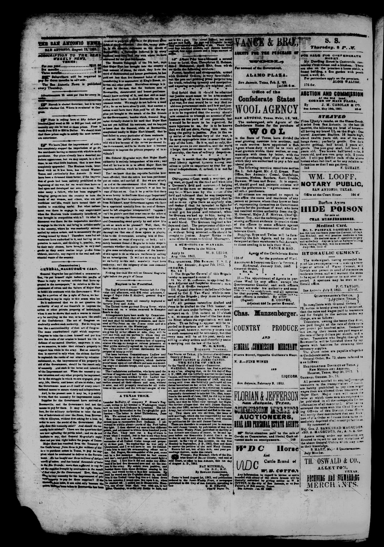 The San Antonio News. (San Antonio, Tex.), Vol. 2, No. 178, Ed. 1 Thursday, August 13, 1863
                                                
                                                    [Sequence #]: 2 of 2
                                                