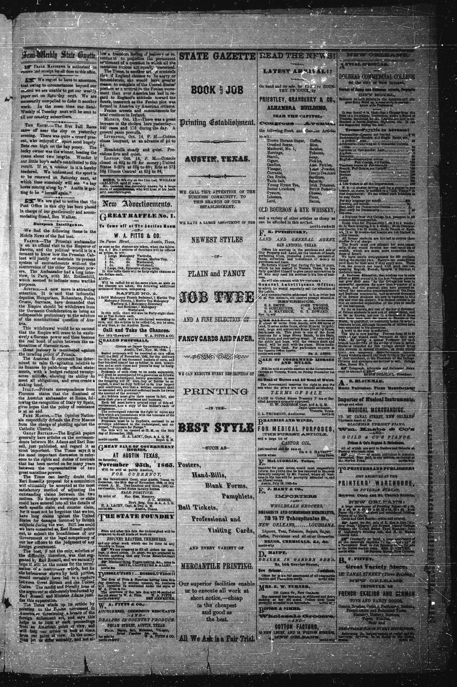 The Semi-Weekly State Gazette. (Austin, Tex.), Vol. 1, No. 2, Ed. 1 Thursday, November 16, 1865
                                                
                                                    [Sequence #]: 3 of 4
                                                