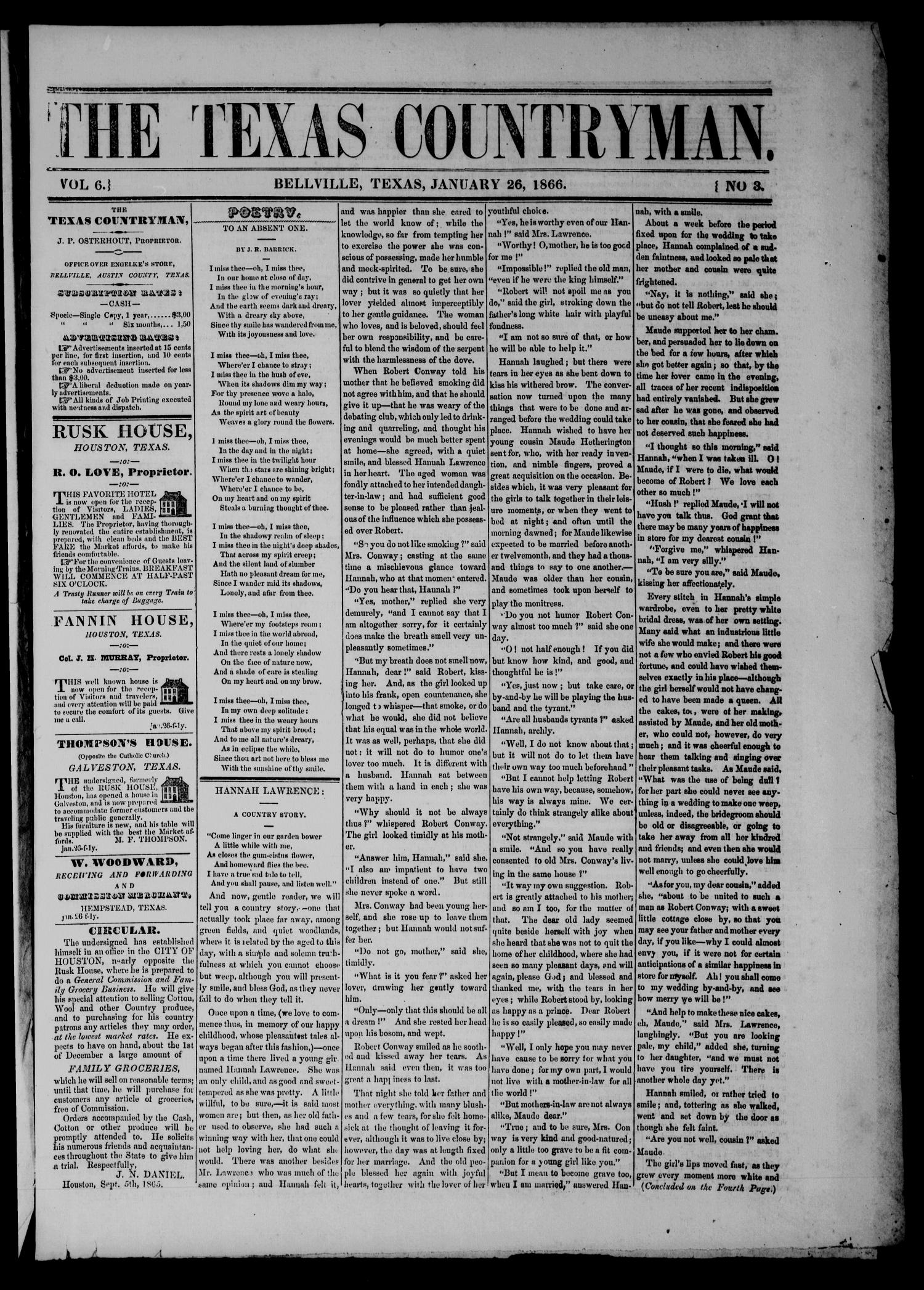 The Texas Countryman. (Bellville, Tex.), Vol. 6, No. 3, Ed. 1 Friday, January 26, 1866
                                                
                                                    [Sequence #]: 1 of 4
                                                