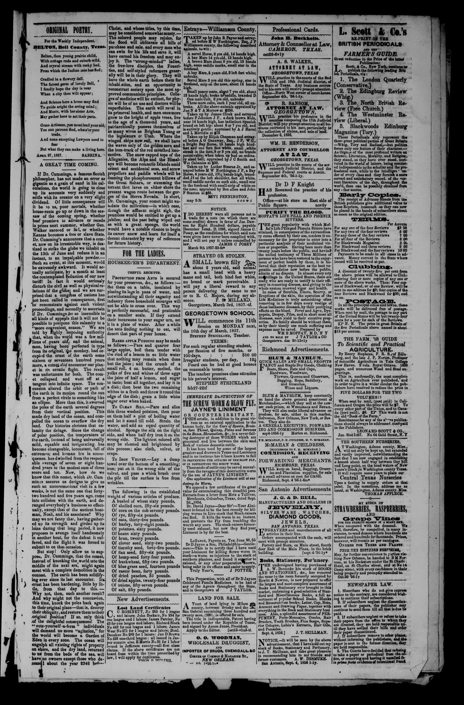 The Weekly Independent. (Belton, Tex.), Vol. 2, No. 1, Ed. 1 Saturday, May 2, 1857
                                                
                                                    [Sequence #]: 3 of 4
                                                