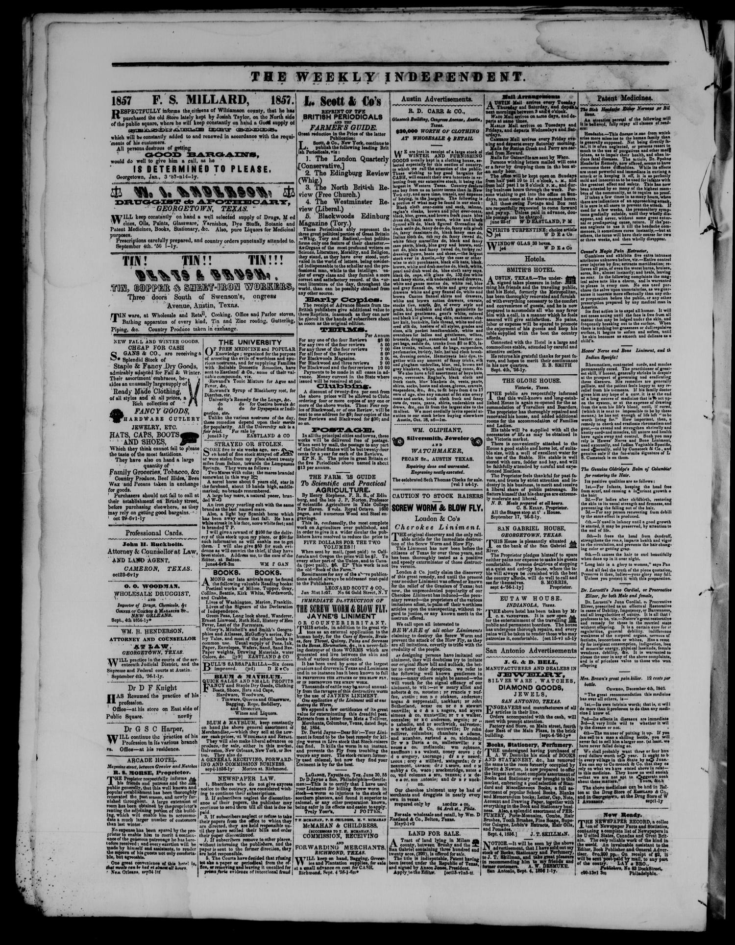 The Weekly Independent. (Belton, Tex.), Vol. 2, No. 20, Ed. 1 Saturday, September 12, 1857
                                                
                                                    [Sequence #]: 4 of 4
                                                