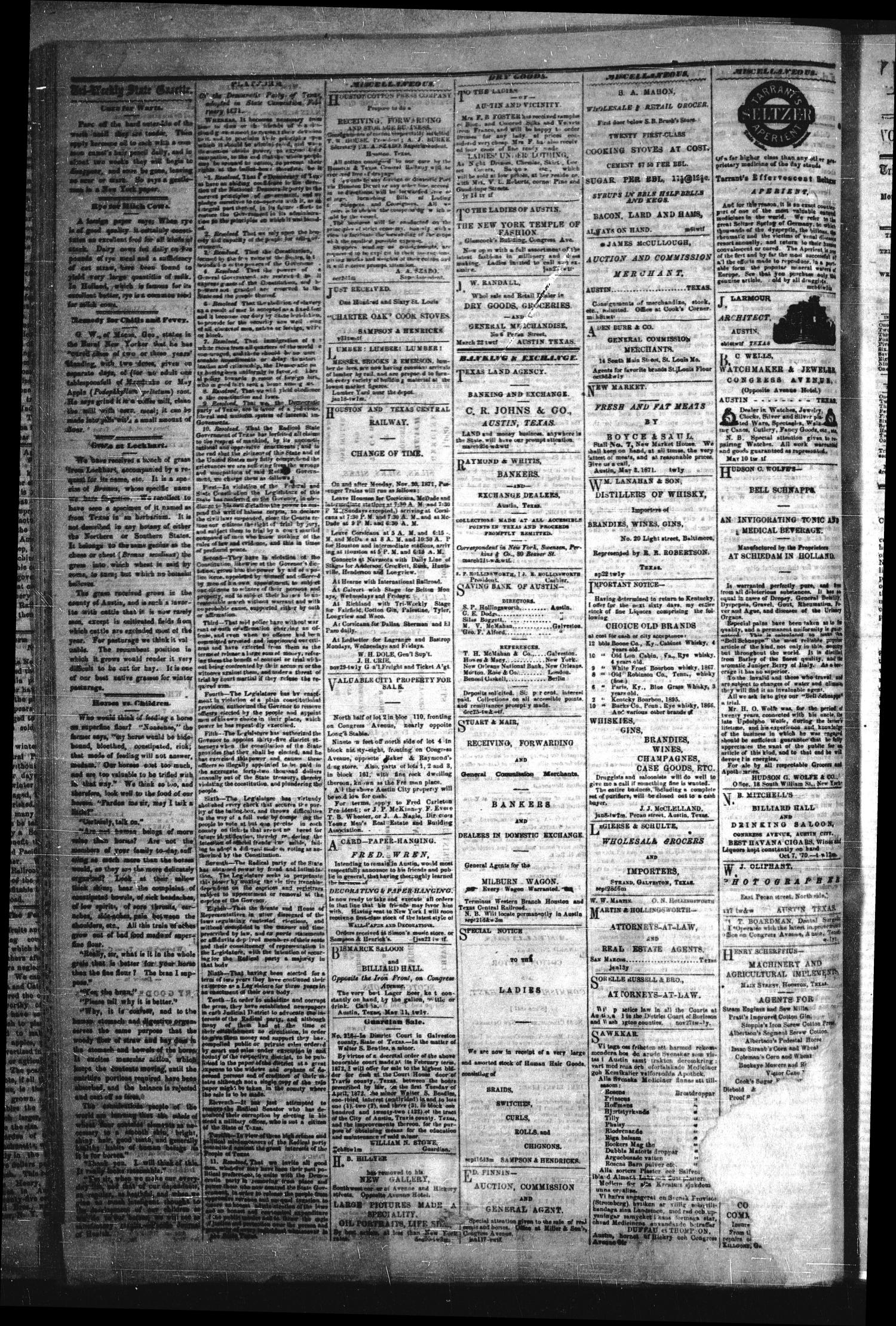Tri-Weekly State Gazette. (Austin, Tex.), Vol. 5, No. 43, Ed. 1 Friday, March 22, 1872
                                                
                                                    [Sequence #]: 4 of 4
                                                