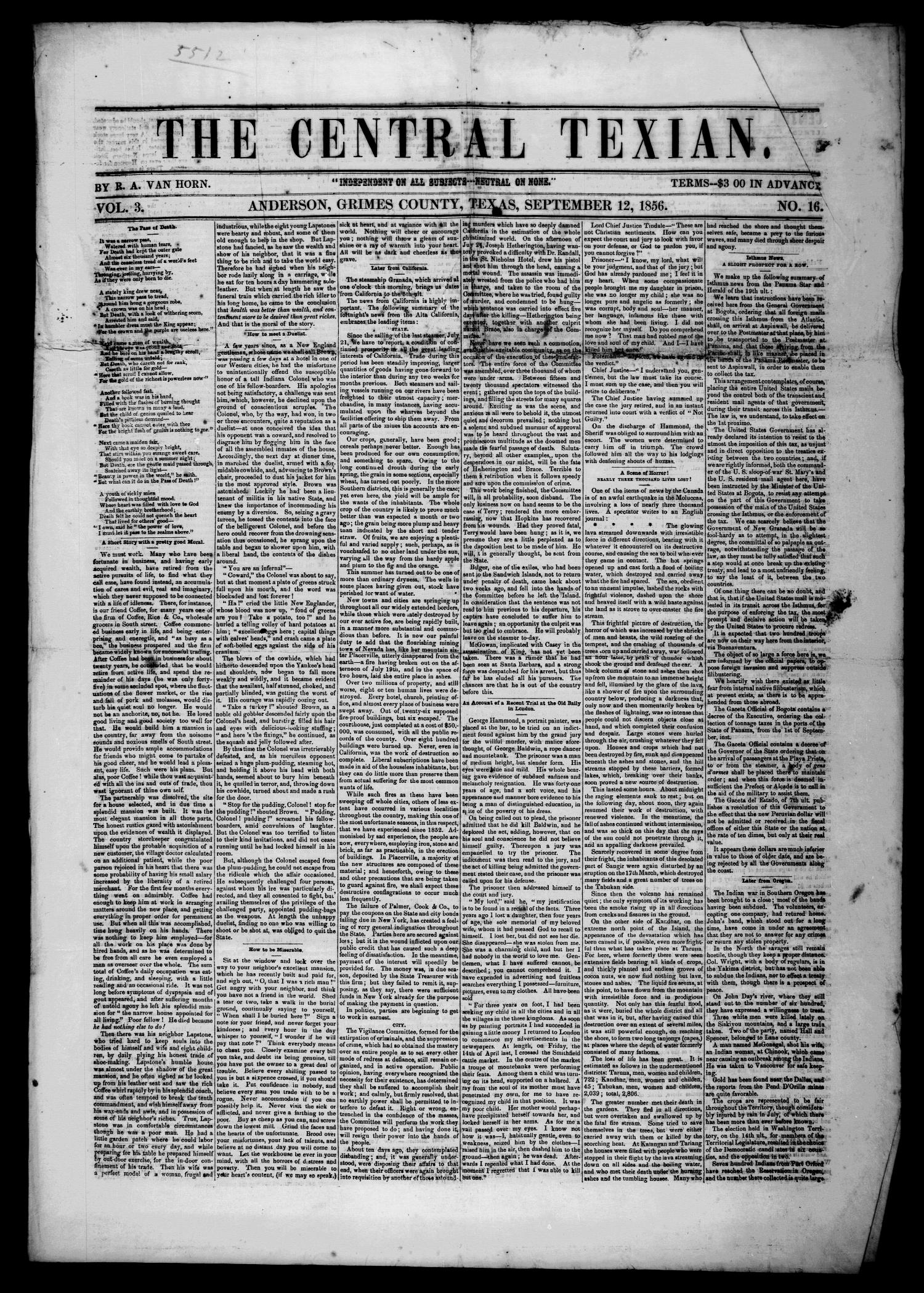 The Central Texian. (Anderson, Tex.), Vol. 3, No. 16, Ed. 1 Friday, September 12, 1856
                                                
                                                    [Sequence #]: 1 of 4
                                                