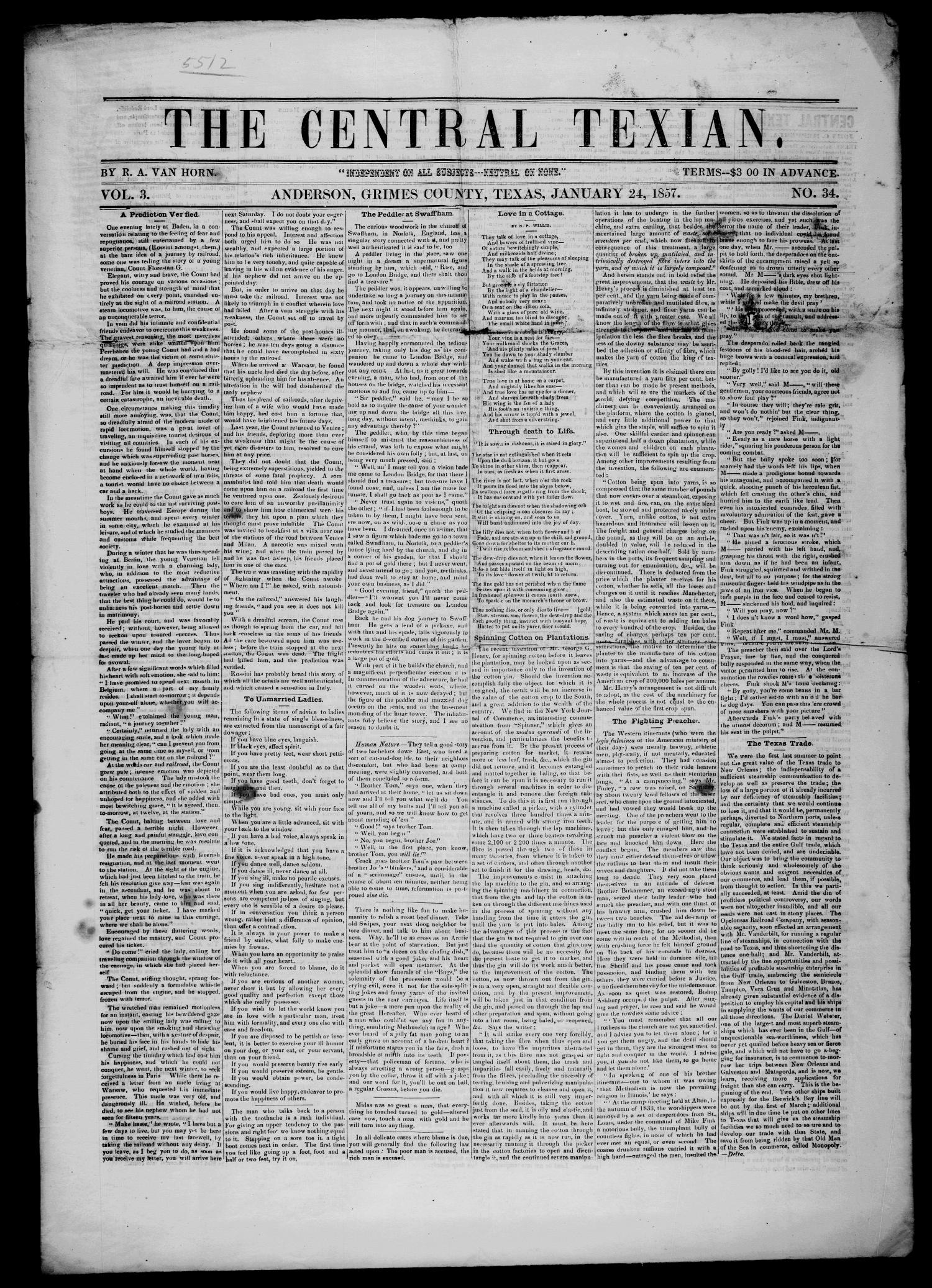 The Central Texian. (Anderson, Tex.), Vol. 3, No. 34, Ed. 1 Saturday, January 24, 1857
                                                
                                                    [Sequence #]: 1 of 4
                                                