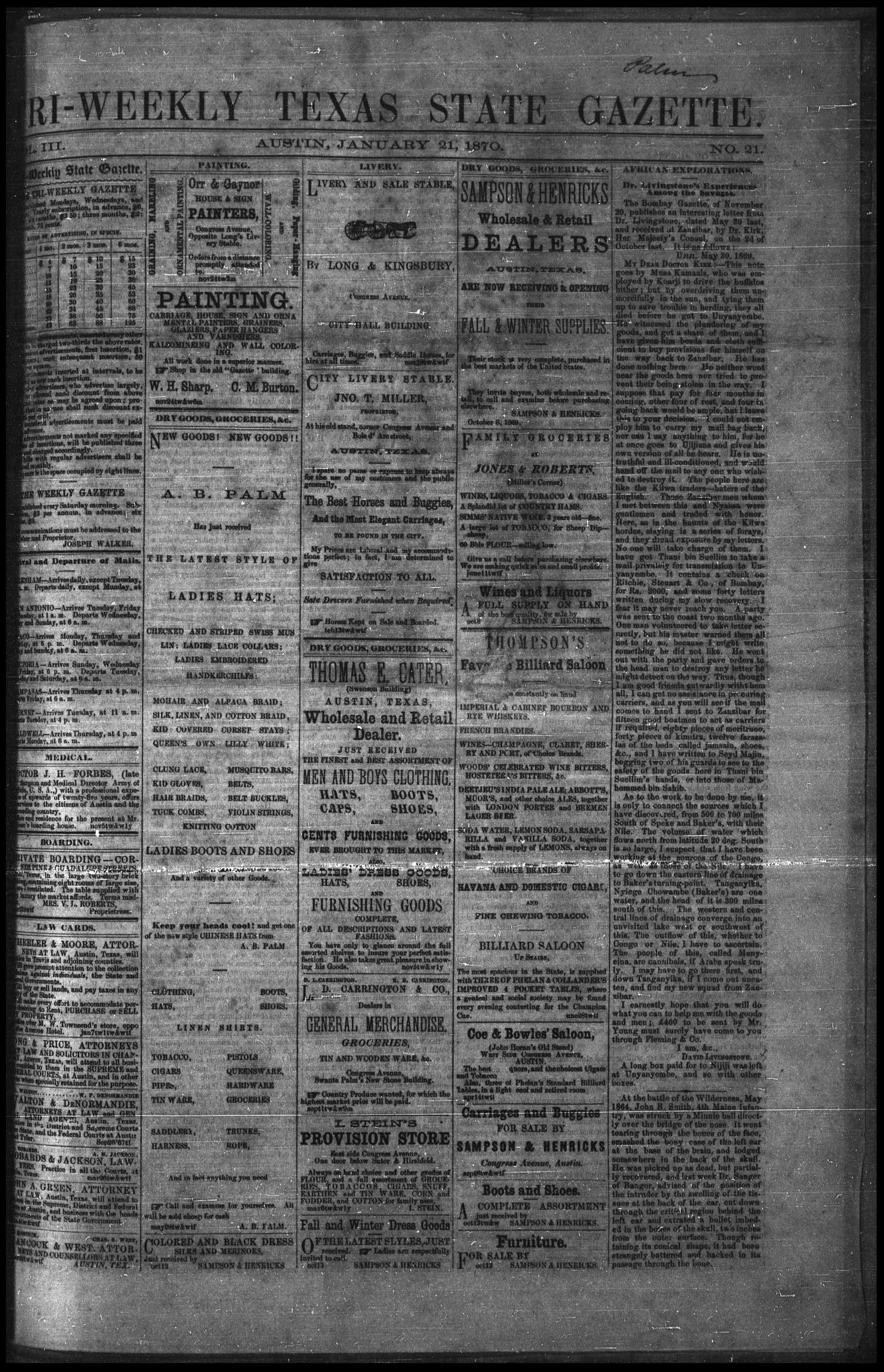 Tri-Weekly Texas State Gazette. (Austin, Tex.), Vol. 3, No. 21, Ed. 1 Friday, January 21, 1870
                                                
                                                    [Sequence #]: 1 of 4
                                                
