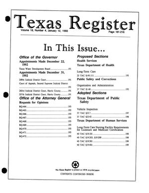 Primary view of object titled 'Texas Register, Volume 18, Number 4, Pages 181-216, January 12, 1993'.