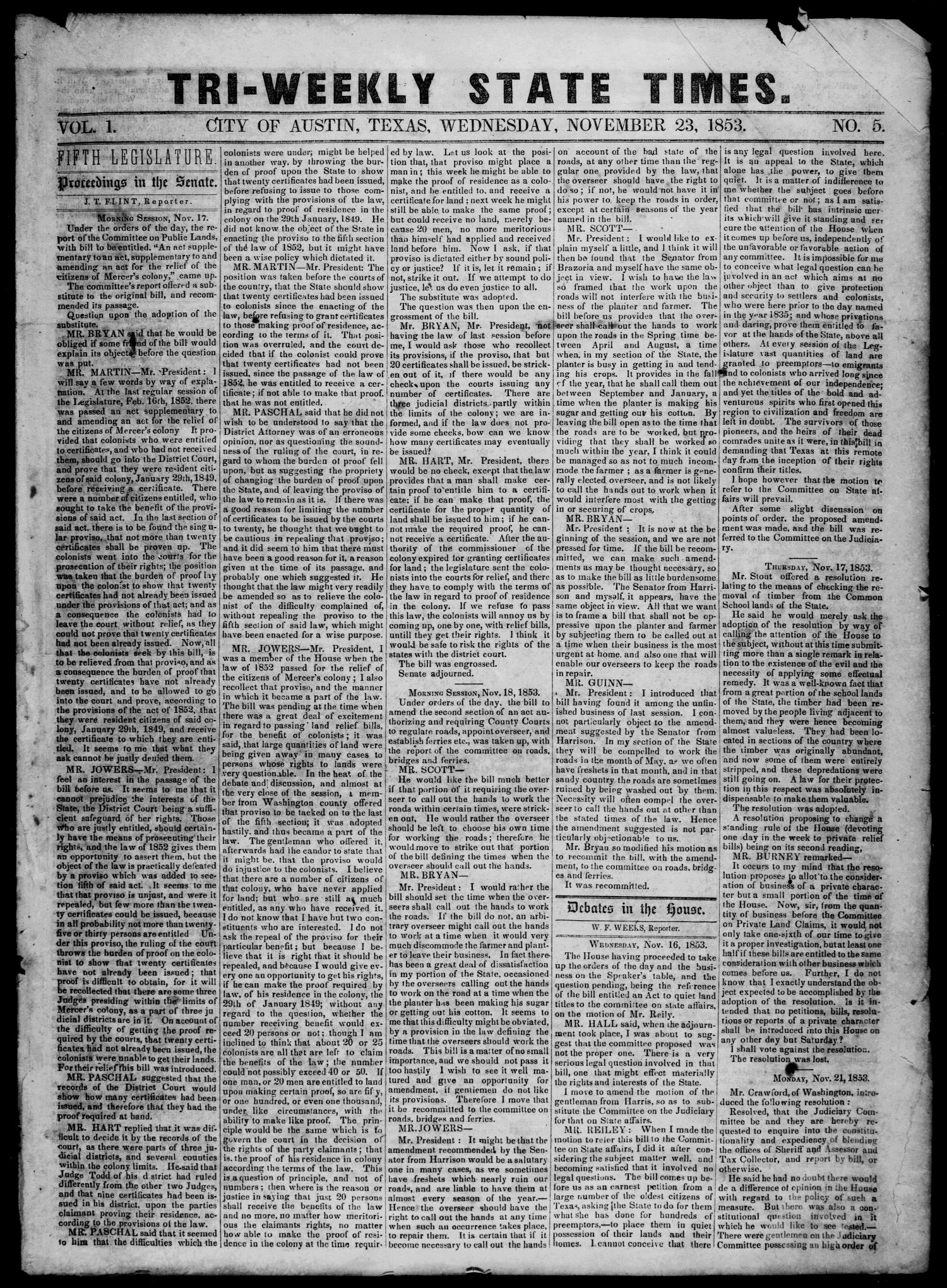 Tri-Weekly State Times. (Austin, Tex.), Vol. 1, No. 5, Ed. 1 Wednesday, November 23, 1853
                                                
                                                    [Sequence #]: 1 of 4
                                                