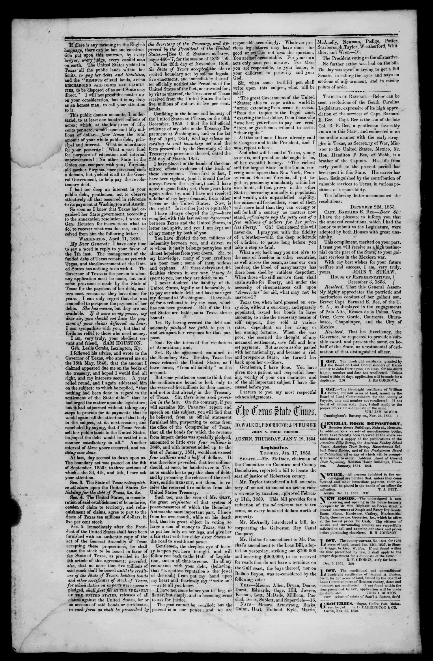 Tri-Weekly State Times. (Austin, Tex.), Vol. 1, No. 29, Ed. 1 Thursday, January 19, 1854
                                                
                                                    [Sequence #]: 4 of 4
                                                