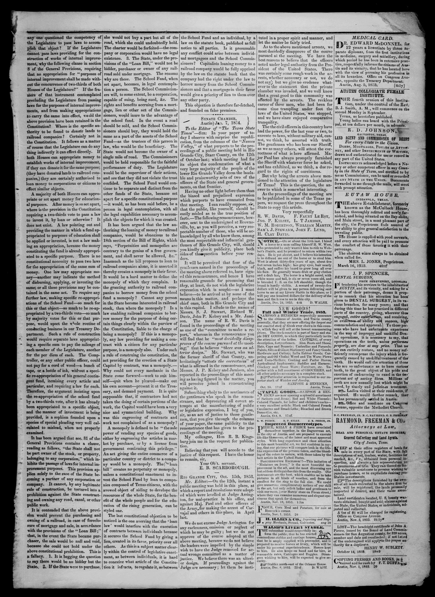 Tri-Weekly State Times. (Austin, Tex.), Vol. 1, No. 25, Ed. 1 Tuesday, January 10, 1854
                                                
                                                    [Sequence #]: 3 of 4
                                                