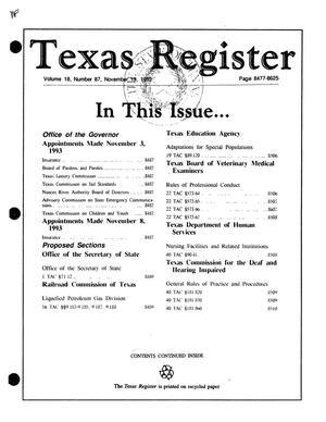 Primary view of object titled 'Texas Register, Volume 18, Number 87, Pages 8477-8625, November 19, 1993'.